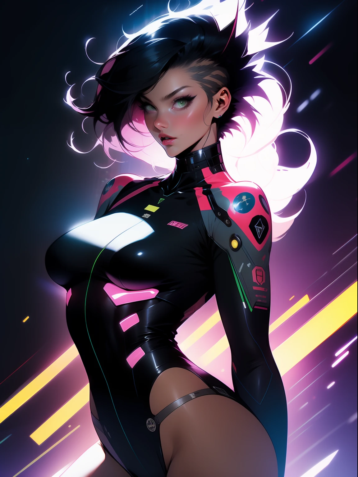 ((Best quality)), ((masterpiece)), (detailed: 1.4), (Nonsense), Tank pilot woman ready for war, shiny skin, perfect body, defined muscles, half thick bare thighs, closed mouth, only in panties, include stars in clothing, muscular body covered by technological clothing, Neon Genesis Evangelion style and Honor Impact, cyberpunk, generous neckline, ((perfect large breasts)), (green eyes without pupils), ((clothing in the colors of the flag of Ukraine)), (((black Mohawk hair)))), (thin stripes covering the breasts), (Psychedelic tattoo on the arms), ((circuit drawings)), short underwear, garter belt, by mucha, niji --V5, close to real, psychopath, crazy face, sexy pose, background with a giant Gundam style robot head, 2 piece clothing, fractal shoulder pads, pastel, centralized, scale to fit dimensions, HDR (High Dynamic Range),Ray Tracing,NVIDIA RTX,Super-Resolution,Unreal 5,Subsurface dispersion, PBR texture, Post-processing, Anisotropic filtering, Depth of field, Maximum clarity and sharpness, Multilayer textures, Albedo and specular maps, Surface shading, Accurate simulation of light-material interaction, Perfect proportions, Octane Render, Two-tone lighting, Wide aperture, Low ISO, White Balance, Rule of Thirds, 8K RAW, crysisnanosuit