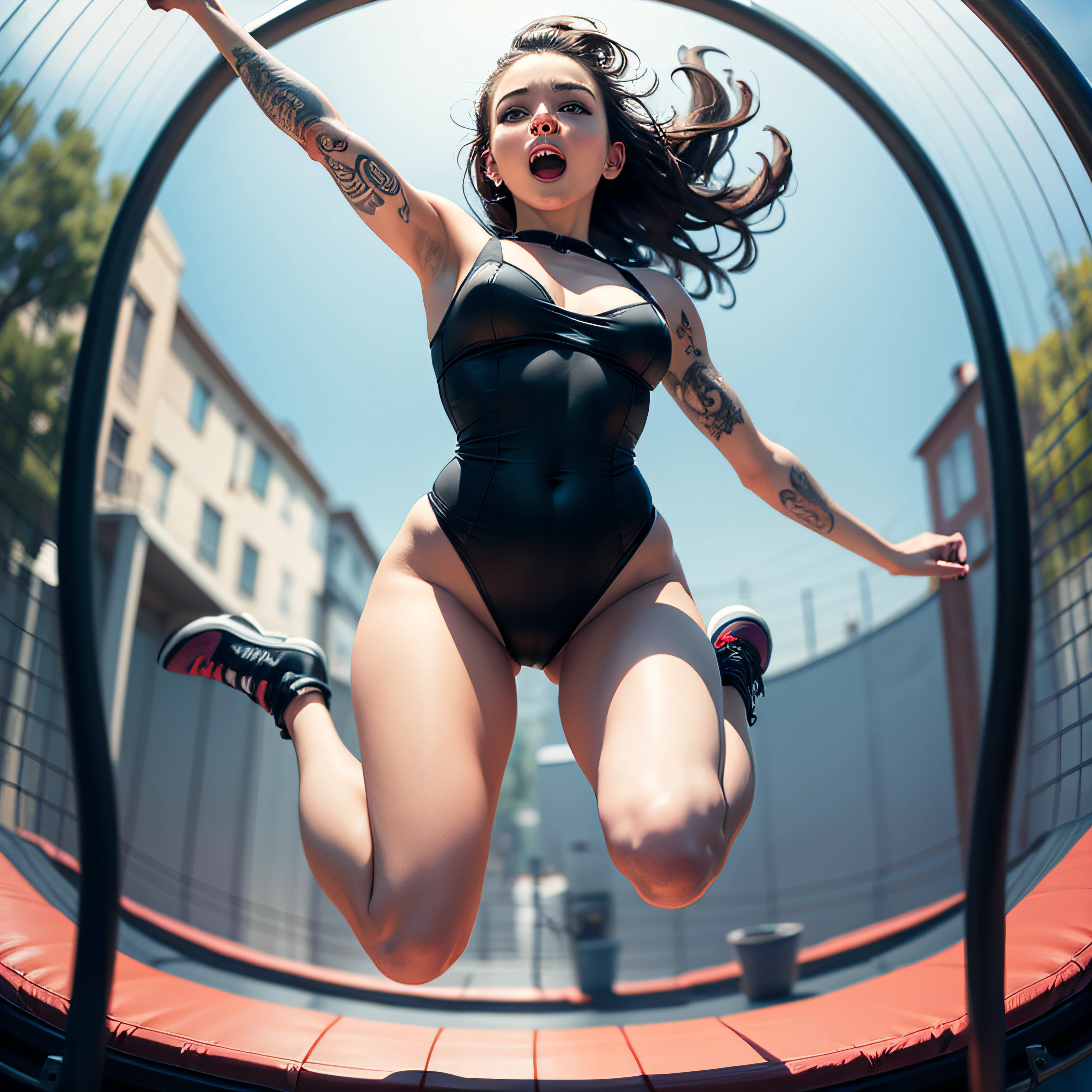 sexy tattooed woman jumping on trampoline --auto