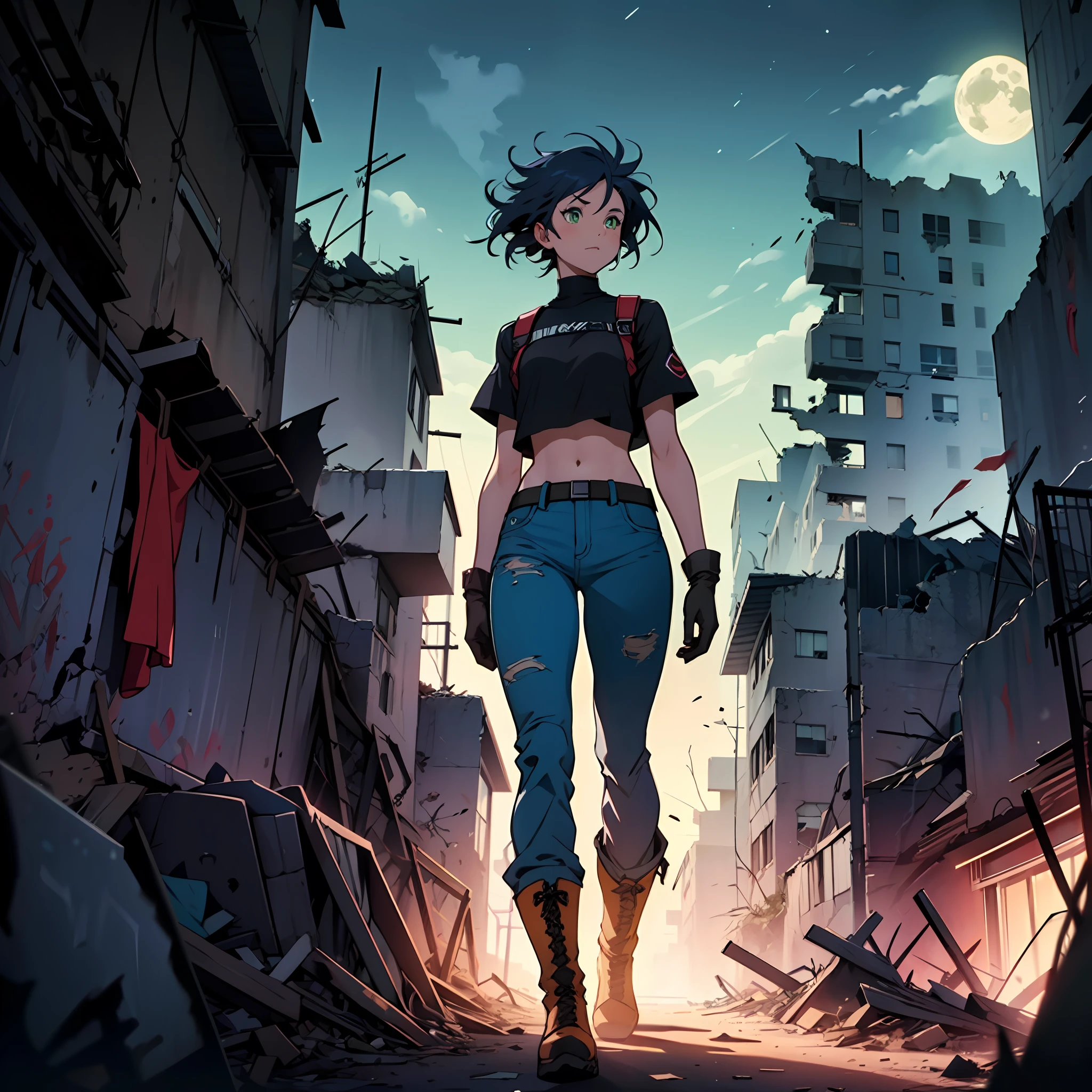 (1girl), A girl, small chest, dark blue hair, long disheveled hair, brown skin, green eyes, blue pants, high black boots, black croptop, high black gloves, young, apocalyptic background, Ruins, destroyed city, night, anime, 2d, cartoon, comic --maturemalemix