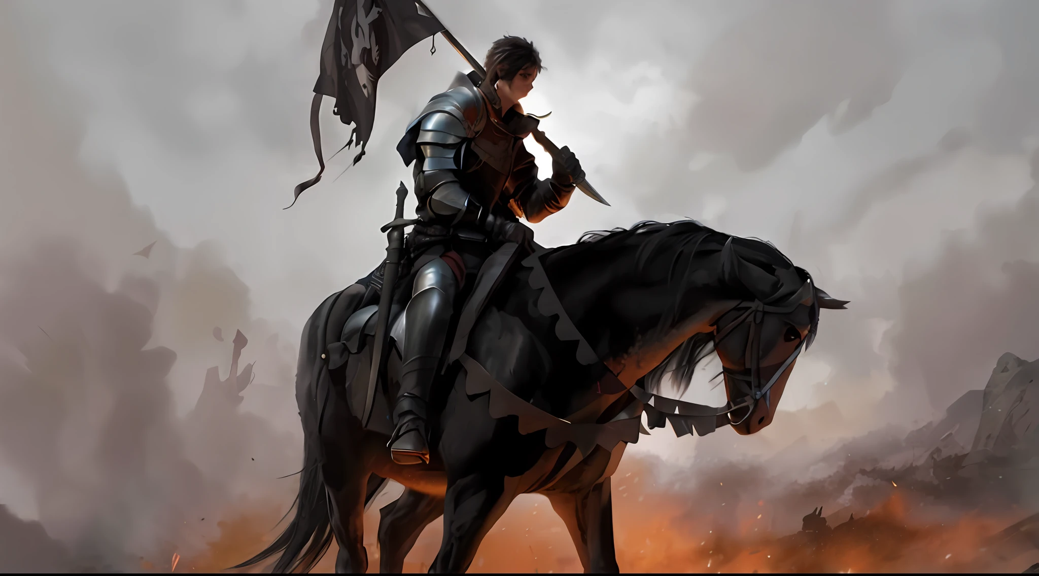painting of a man on a horse with a flag on it, gothic knight, painting of a knight, medieval fantasy game art, knight on horseback, epic fantasy novel cover art, berserk style, by Yang J, medieval fantasy art, fantasy knight, knight carries a big sword, scary knight,  medieval concept art, knight, medieval dark fantasy, evil knight, 4k --auto
