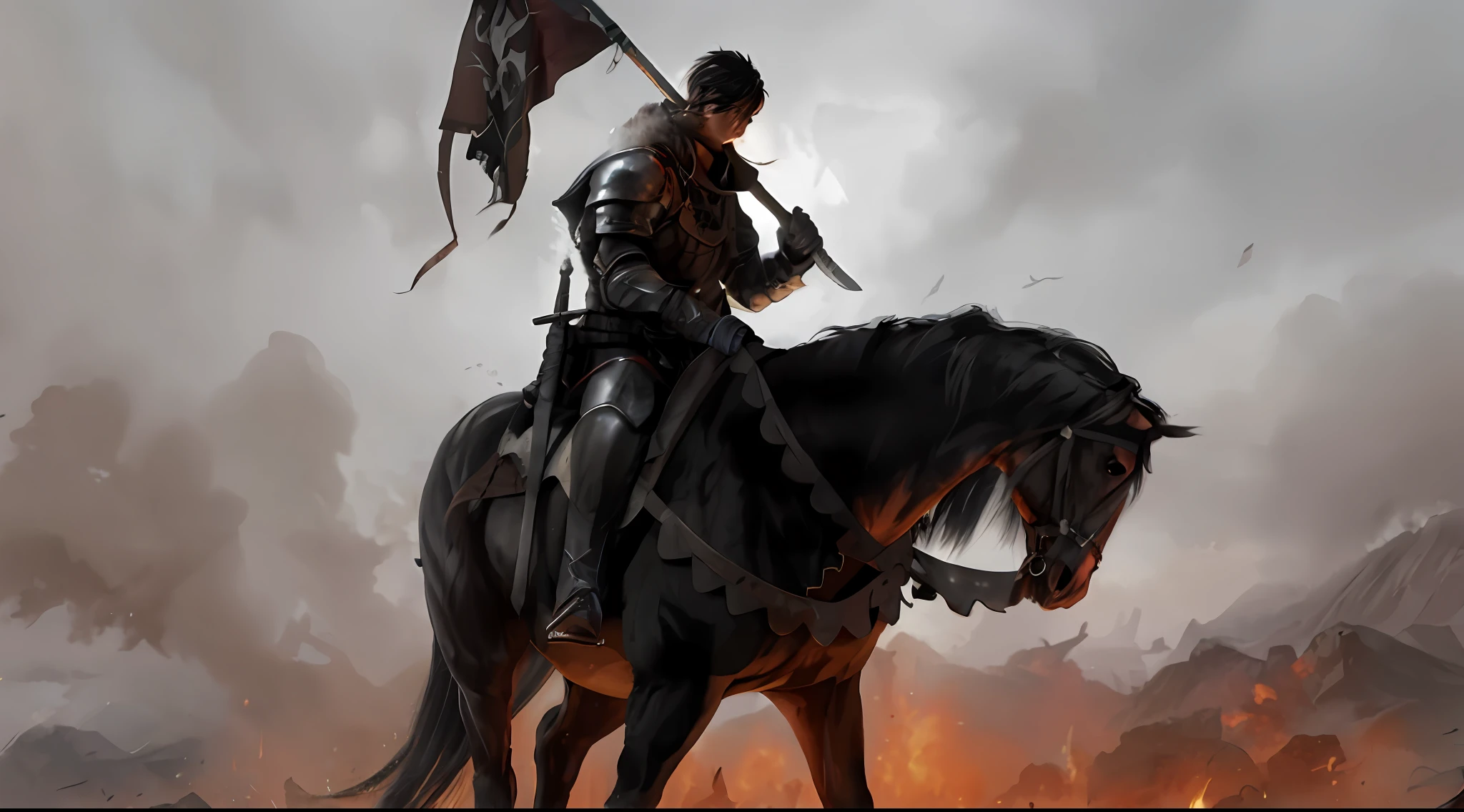 painting of a man on a horse with a flag on it, gothic knight, painting of a knight, medieval fantasy game art, knight on horseback, epic fantasy novel cover art, berserk style, by Yang J, medieval fantasy art, fantasy knight, knight carries a big sword, scary knight,  medieval concept art, knight, medieval dark fantasy, evil knight, 4k --auto
