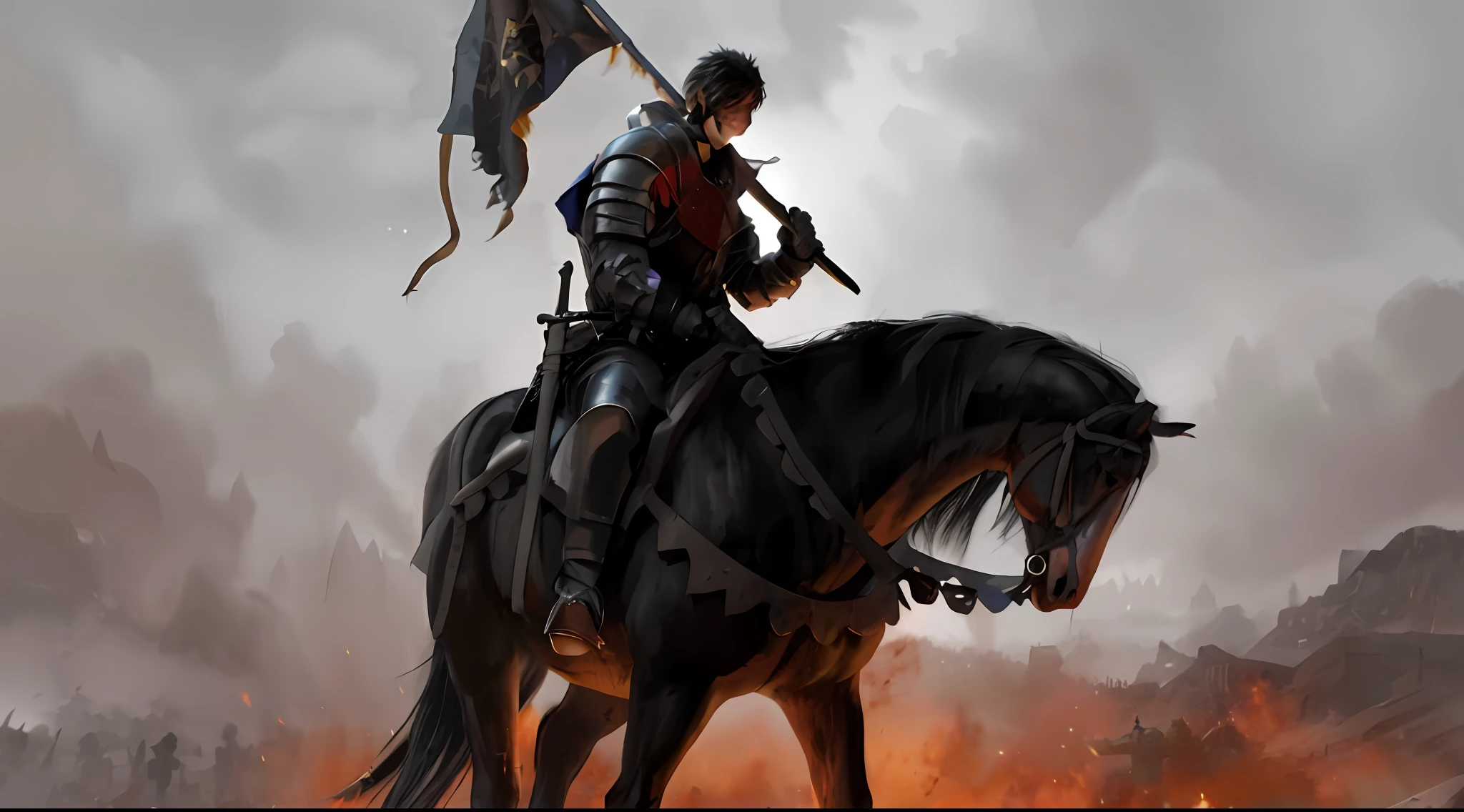 painting of a man on a horse with a flag on it, gothic knight, painting of a knight, medieval fantasy game art, knight on horseback, epic fantasy novel cover art, berserk style, by Yang J, medieval fantasy art, fantasy knight, knight carries a big sword, scary knight, medieval concept art, knight, medieval dark fantasy, evil knight, 4k --auto