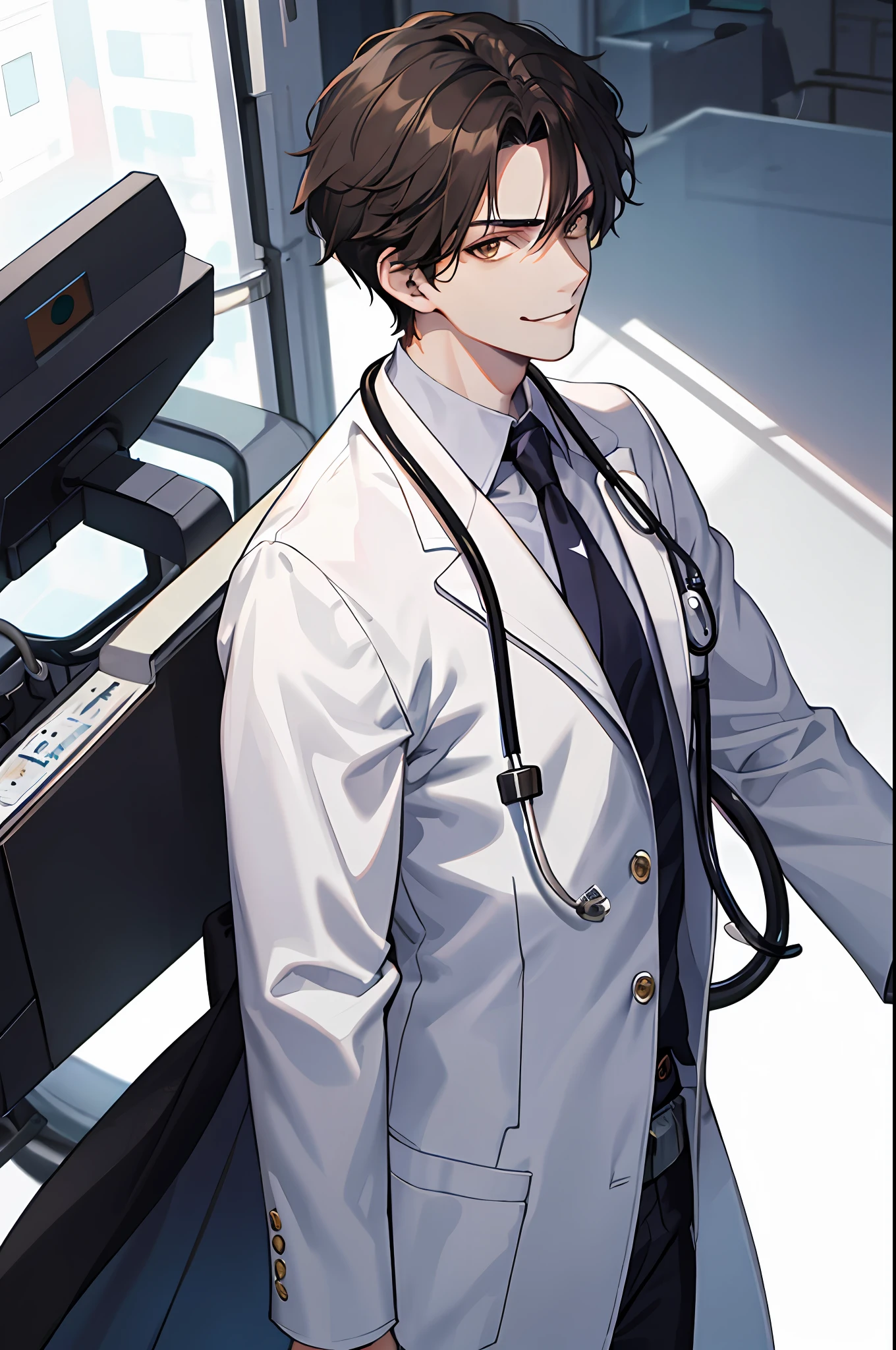 masterpiece, best quality, 1boy, short hair, korean hairstyle, handsome doctor, solo, trendy, dark brown hair, brown eyes, lean body, muscular body, tall body, masculine, alpha male, clean shaven face, youthful face, broad shoulders, tiny waist, round butts, modern, doctor, doctor uniform, white coat, smirking, proportional body, perfect anatomy, correct limbs, looking at viewer, in hospital, stethoscope