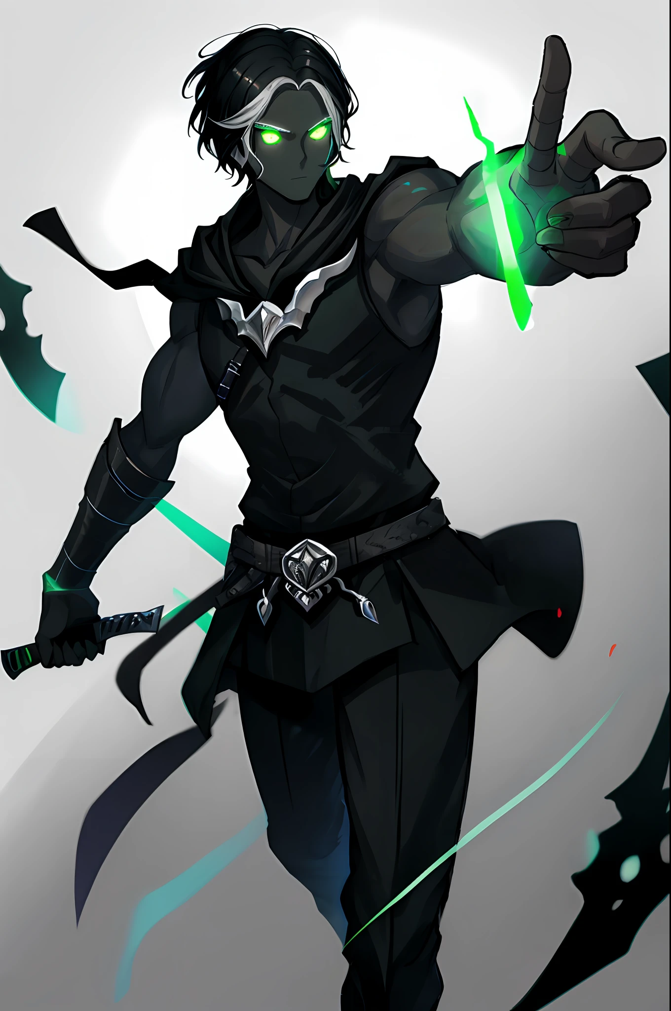 Male drow, dark skin, black hair, short hair, killer, black outfit, holding luminous green knife, muscular