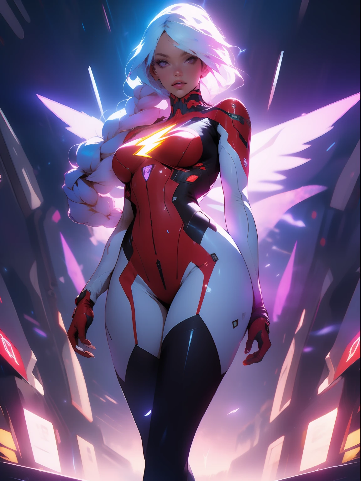 ((Best quality)), ((masterpiece)), (detailed: 1.4), (Absurd), War-ready female fighter pilot, dark skin, flash dc comics, lightning and lightning, muscular sculptural body defined, full body, half-thick naked thighs, closed mouth, muscular body covered in technological clothing, Neon Genesis Evangelion style, cyberpunk, generous neckline, ((perfect medium breasts)), (super light blue eyes without pupils), ((white and dark red clothing)), (((white hair with braid))), long eyelashes heavy makeup, garter belt, by mucha, niji --V5, close to real, psychopathic, crazy face, sexy pose, background with a giant head of Genesis evangelion neon style robot, 2 pieces clothing, shoulder pads with airplane wings, pastel, centered, scale to fit the dimensions, HDR (High Dynamic Range), Ray Tracing,NVIDIA RTX,Super-Resolution,Unreal 5,Subsurface Dispersion, PBR Texture, Post-processing, Anisotropic Filtering, Depth of Field, Maximum Clarity and Sharpness, Multilayer Textures, Albedo and Specular Maps, Surface Shading, Accurate Simulation of Light-Material Interaction, Perfect Proportions, Octane Render, Two-Tone Lighting, Wide Aperture, Low ISO, White Balance, Rule of Thirds, 8K RAW, Crysisnanosuit