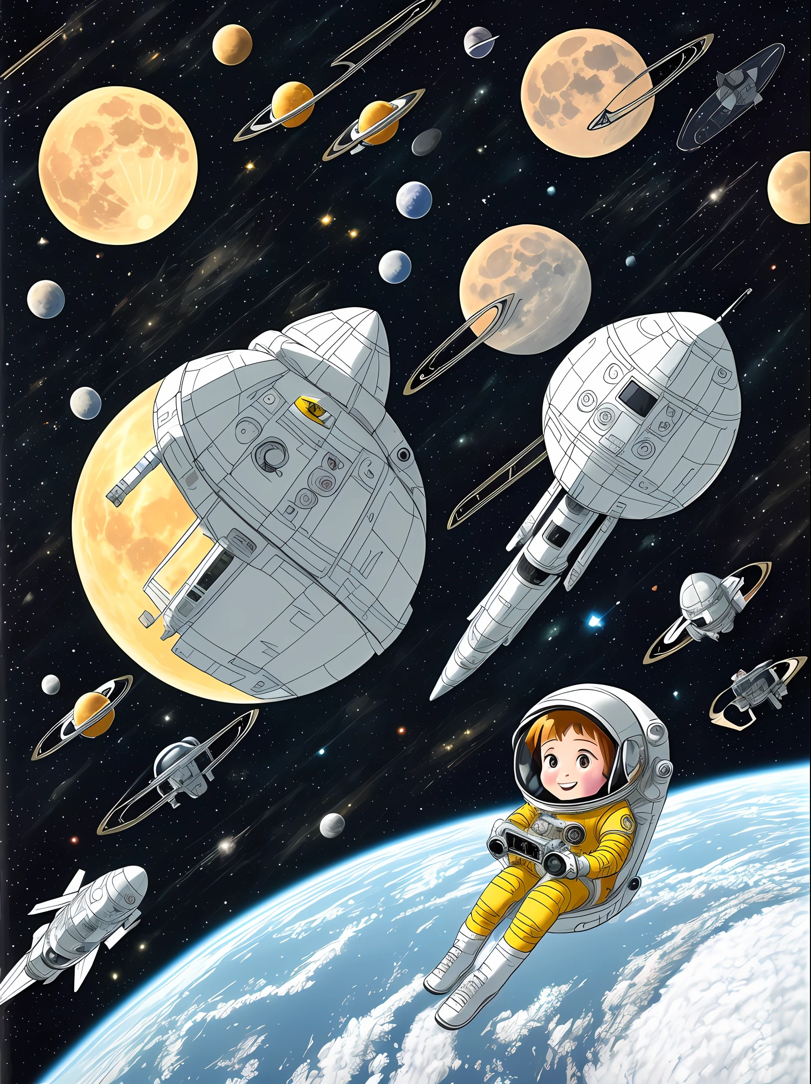 Outside the window is a yellow moon, there is a car on the moon, a woman watching TV on the space station, cartoon drawings, inside the TV is the phrase manuella, science fiction illustration, coloring book pages, spaceship in the background, girl in space, art publishing, on the space station, perfect line art,  Spaceship in the background, sitting on a spaceship, astronauts relaxing in space, heavy line art, gas station in space