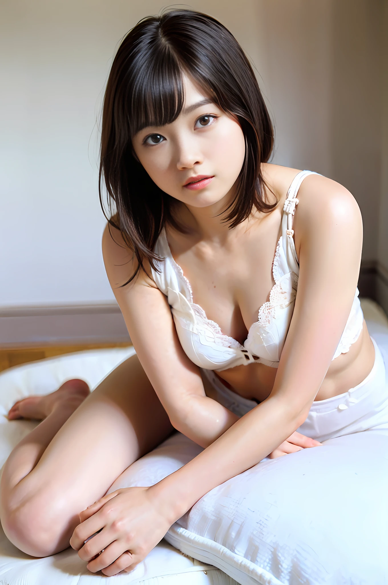 Top quality, masterpiece, ultra high resolution, (photorealistic: 1.4), raw photo, 1 girl, face similar to Kana Hashimoto, dark hair,, Kana Hashimoto, dramatic lighting, E cup breasts, tall girl, full body shown, standing, slender style, thin waist, feminine lines, cute, white underwear, silk underwear, smooth belly, Thin waist and beautiful hips, good hips and long legs, very pale, small bra, small panties, fine-grained skin, visible to the toes, retracted belly, smooth skin, thigh gap, delicate and masterpiece