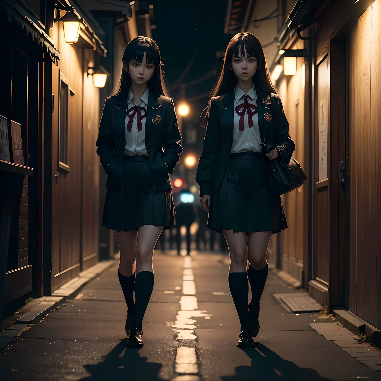 (((masterpiece))), best quality, anime style, night scene, striking shadows, Japanese school uniform, two young women walking, realistic facial expressions, long dark hair, mysterious atmosphere. --auto