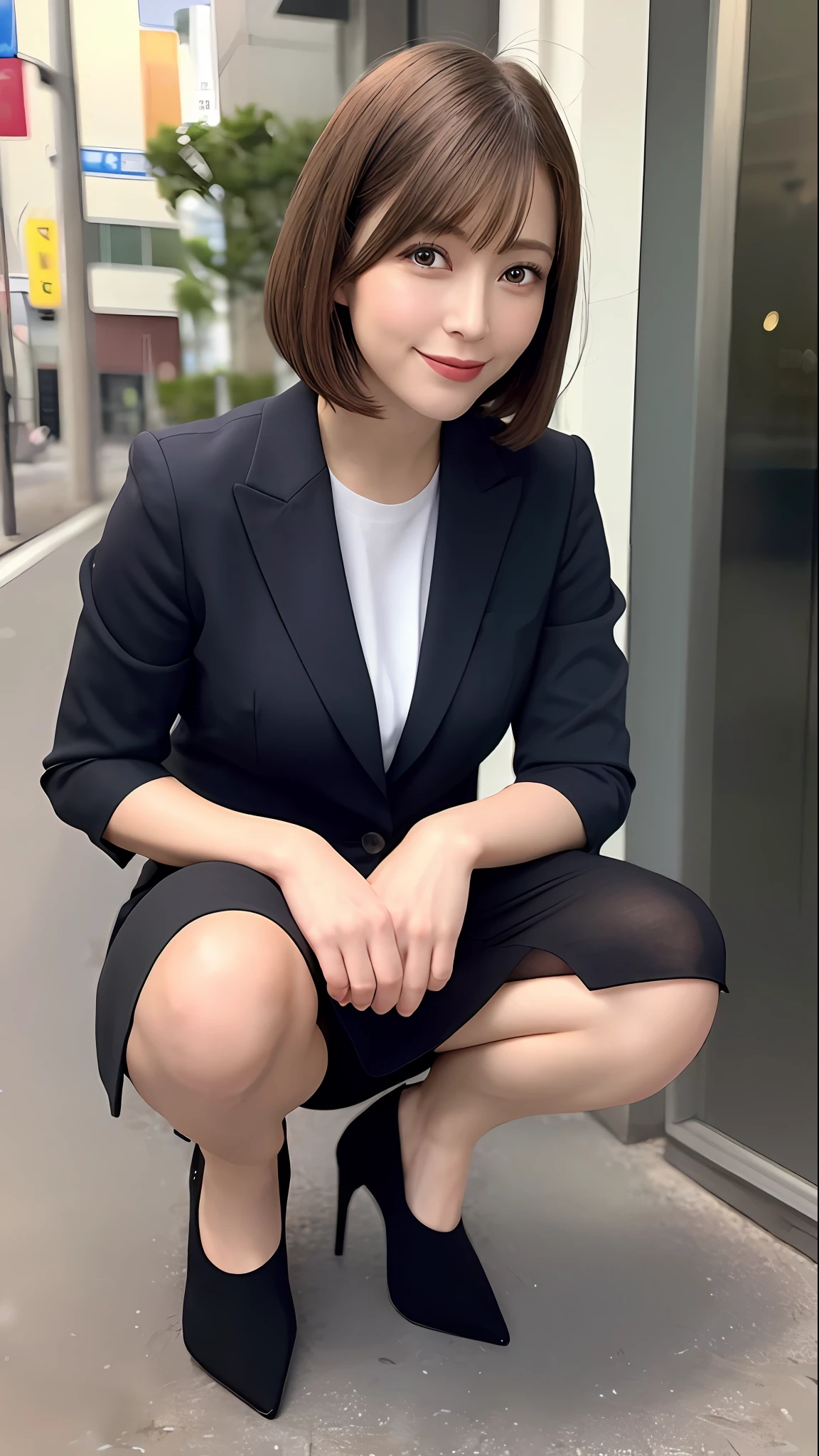 (8K, Best Quality, Masterpiece: 1.2), (Realistic, Photorealistic: 1.37), Super Detail, Japan People, Girls Only, Cute, (Full Body: 1.4), (40s: 1.6), (Wrinkles: 0.9), Best Style, Beautiful Legs, Precise Hands, Precise Fingers, Perfect Face, Office, Business Suit, Tight Skirt, Black Heels, Bob Hair, Squat, Show Panties, Front、