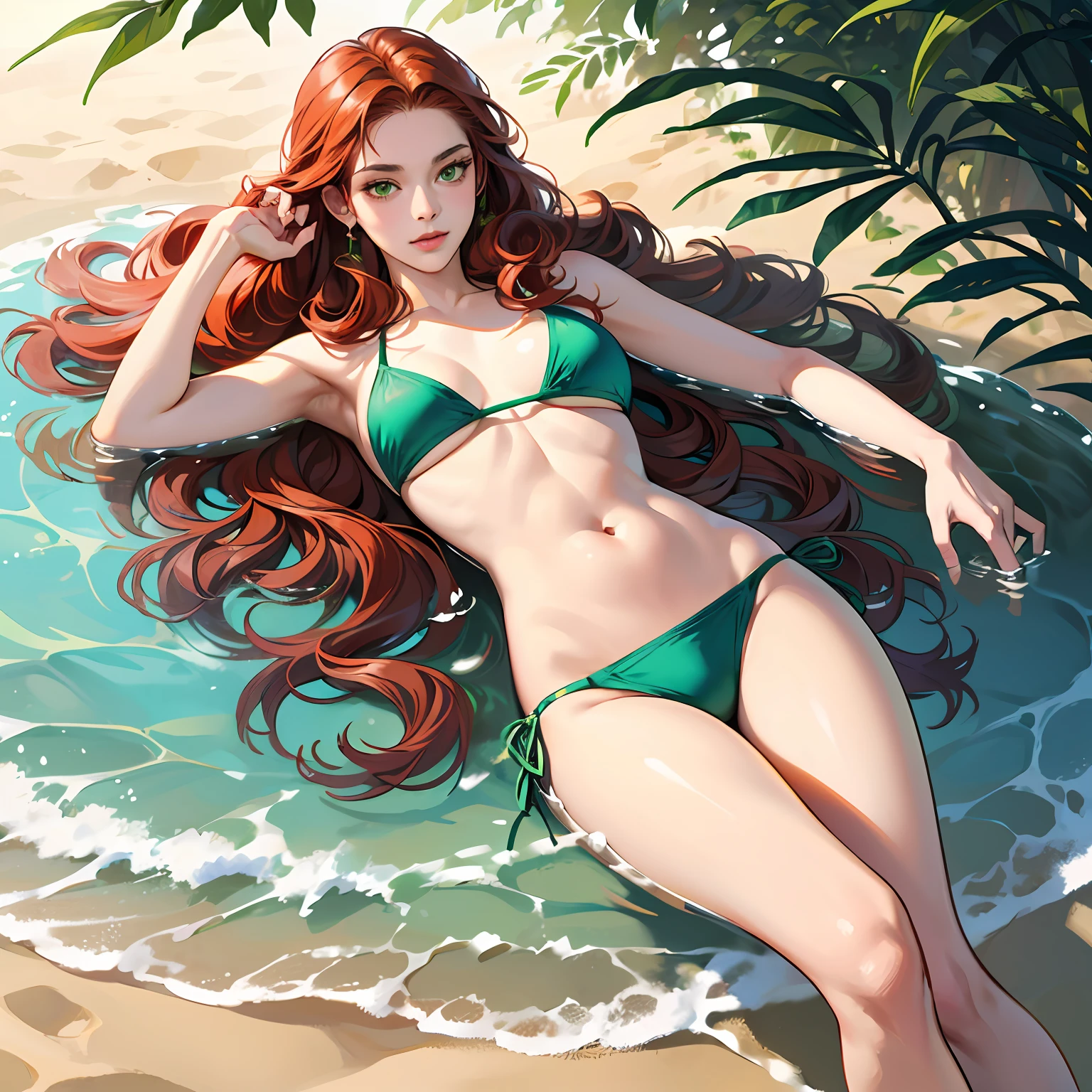 villain Poisonous Era D.C. Comics curly red hair, milf, VERY SEXY, green skin, green eyes, gorgeous body, perfect breasts, body covered only mAR water, lying alone in the sand, EXPOSED BODY PARTS, BIKINI MADE OF GREEN LEAVES, ((Best quality)), ((masterpiece)), (highly detailed:1.3),(realism), --auto