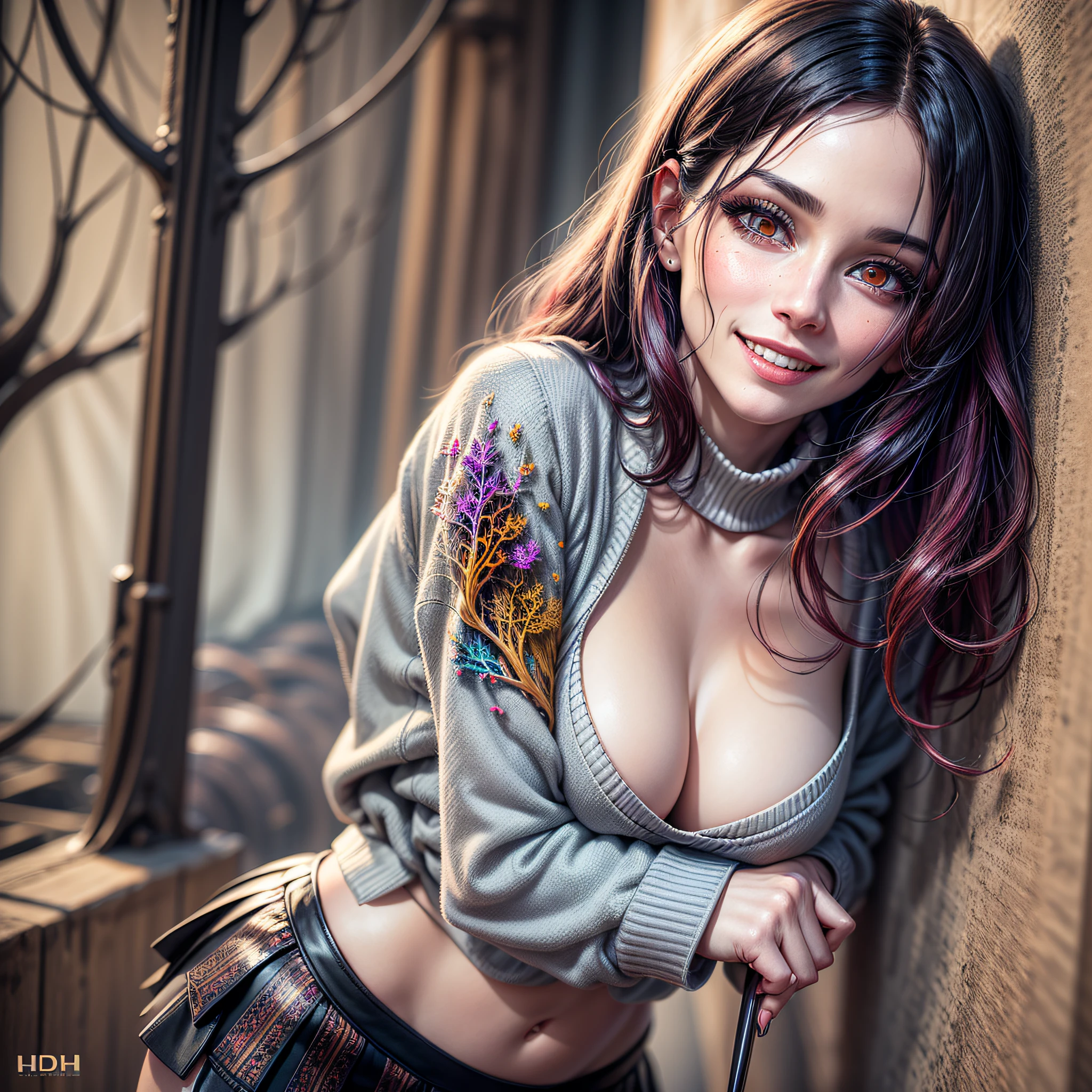 vampire red eyes, sadistic smile, short skirt, sweatshirt, black hair with red locks masterpiece, best quality), intricate details, (best quality)), ((masterpiece)), ((realistic)), (hyperrealism:1.2), (fractal art:1.2)extremely detailed eyes, colorful, more detailed, vibrant colors, high contrast, (8K UHD:1.2), (photorealistic:1.2), posanto for photo