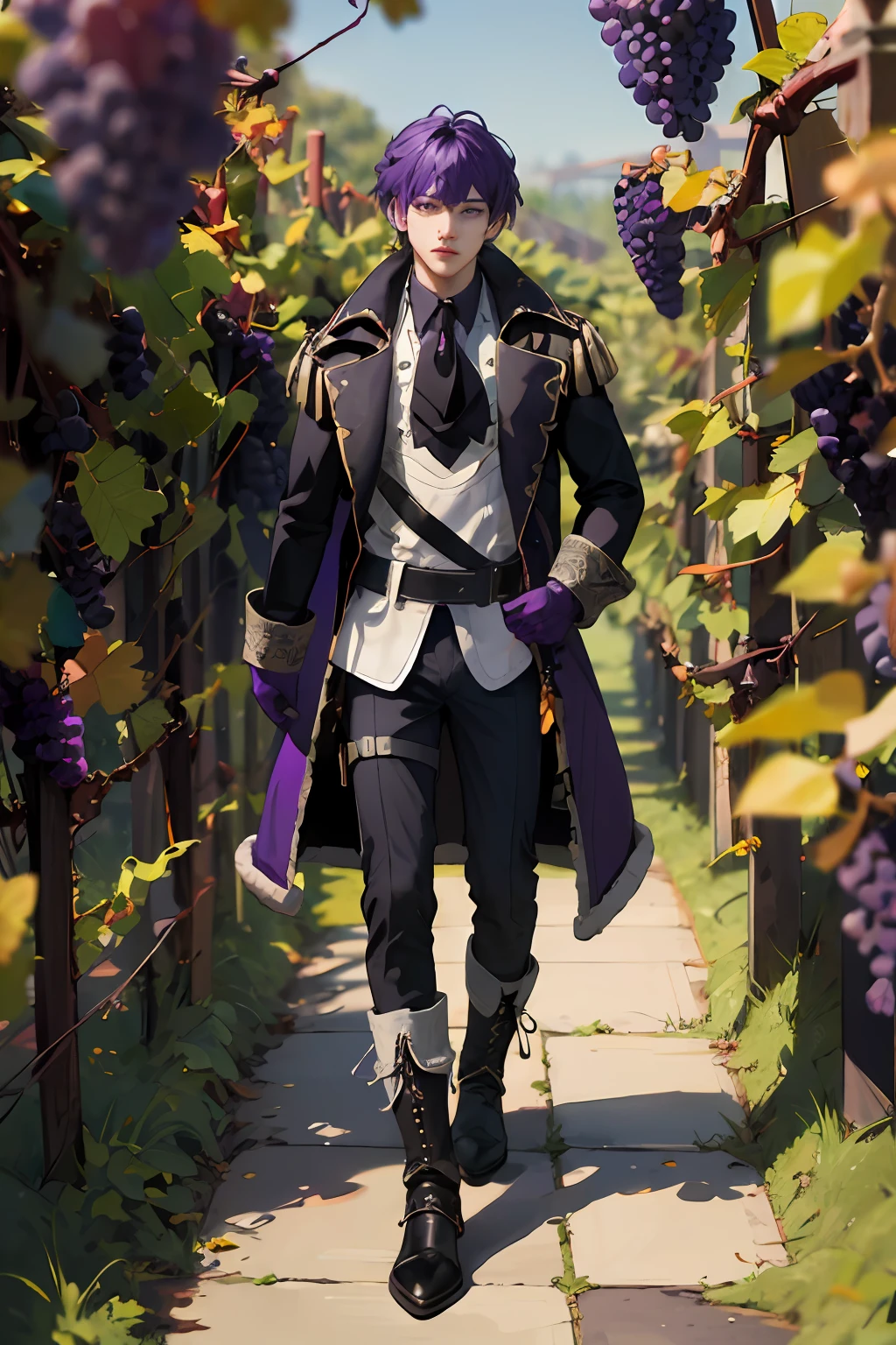 extremely delicate and beautiful, Amazing, finely detail, masterpiece, ultra-detailed, highres,best illustration, best shadow,intricate,sharp focus, high quality, 1 male solo, ((mature)) handsome, tall muscular guy, broad shoulders, (((dark purple hair))) diluc genshin impact, dark purple coat with fur on the bottom, dark purple gloves, black tie, light shirt, dark pants, big boots, (((grape vines))) grapes on background and foreground, grape berries, standing outside in a garden, sunny day, grape growing everywhere