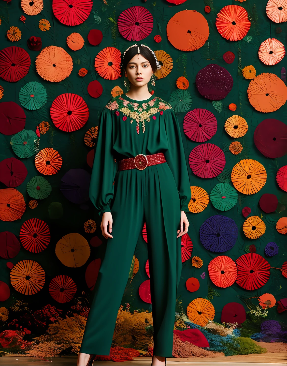 Immerse yourself in the colourful world of woman is in green leaf suit of lace and felt posing for picture, standing in the Forest in the style of textile assemblages, ornamental details and embellishments, muted, earthy tones, pre-raphaelite-inspired, exquisite clothing detail ,Artists studio backdrop. Photographed by David bailey using Hasselblad’s flagship mirrorless medium format camera X2D 100C. 1000mps ,bold vibrant colours