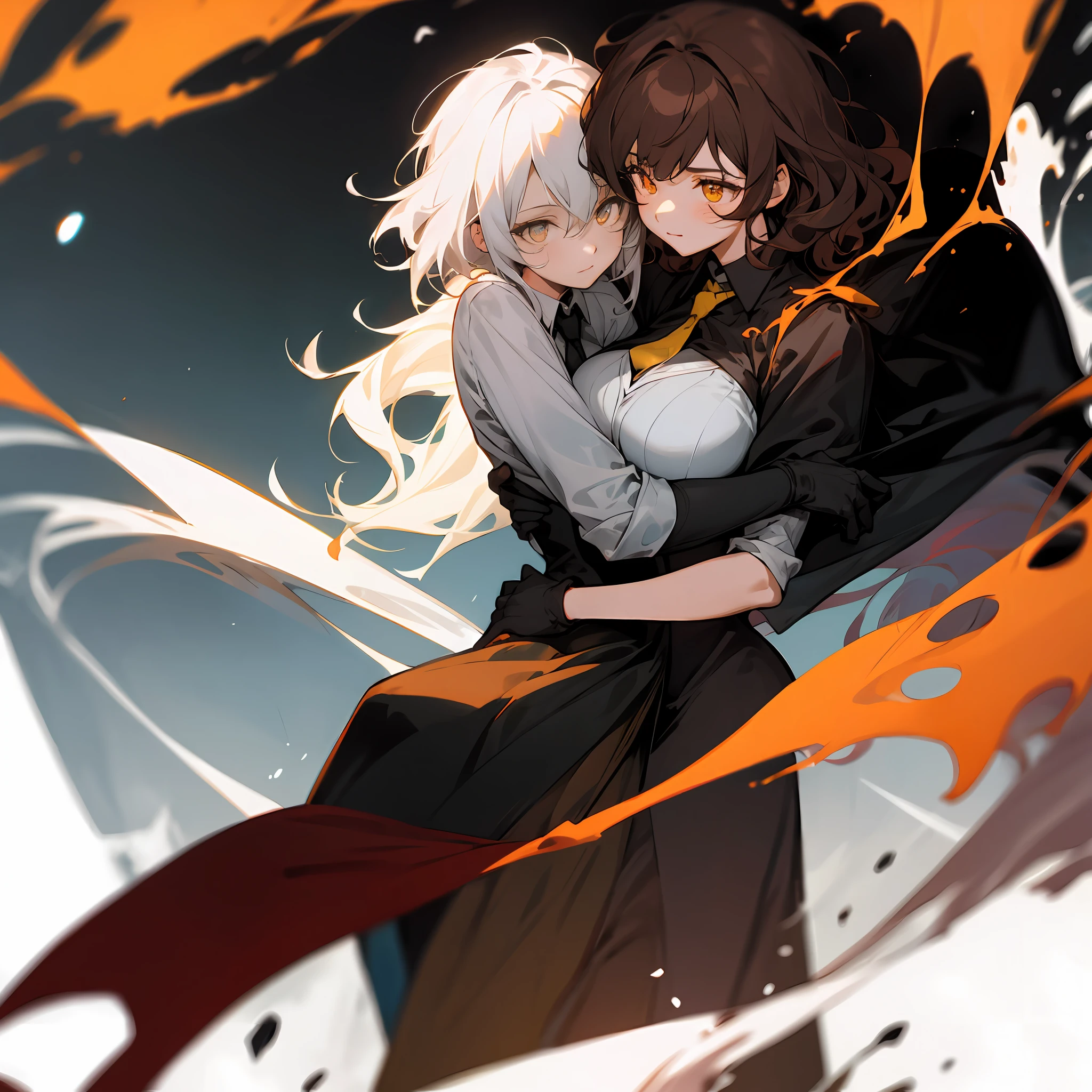 masterpiece, best quality, high contrast, professional photography, soft light, sharp focus, anime style, 2 girls, short hair, white hair, messy and spiky hair, red eyes, detailed eyes, (bright eyes), standing, black cape, suit, black gloves, social clothing, yellow tie, older woman, huge breasts, (huge breasts: 1.4), other on the side hugging, long hair, brown hair,  wavy hair, standing
