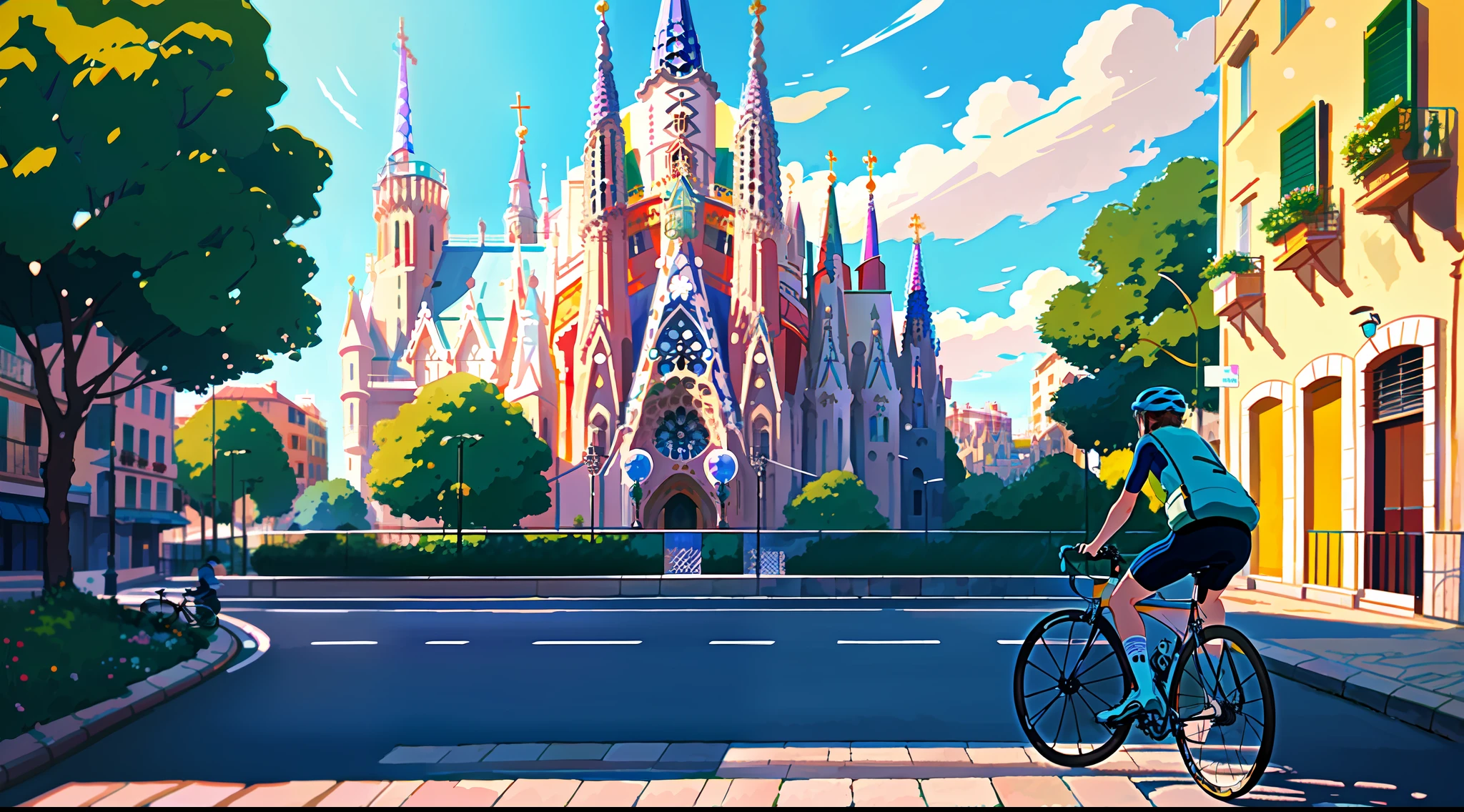 (bike: 1.5), (realistic bike: 1.5), (realistic cyclist: 1.5), back cyclist, barcelona, spain, catalonia, sagrada familia, gaudi, sun, shadows, contrast, makoto shinkai, (best quality:1.3), (Highres:1), Art by Studio Ghibli Style, Impressionism, Vibrant colors
