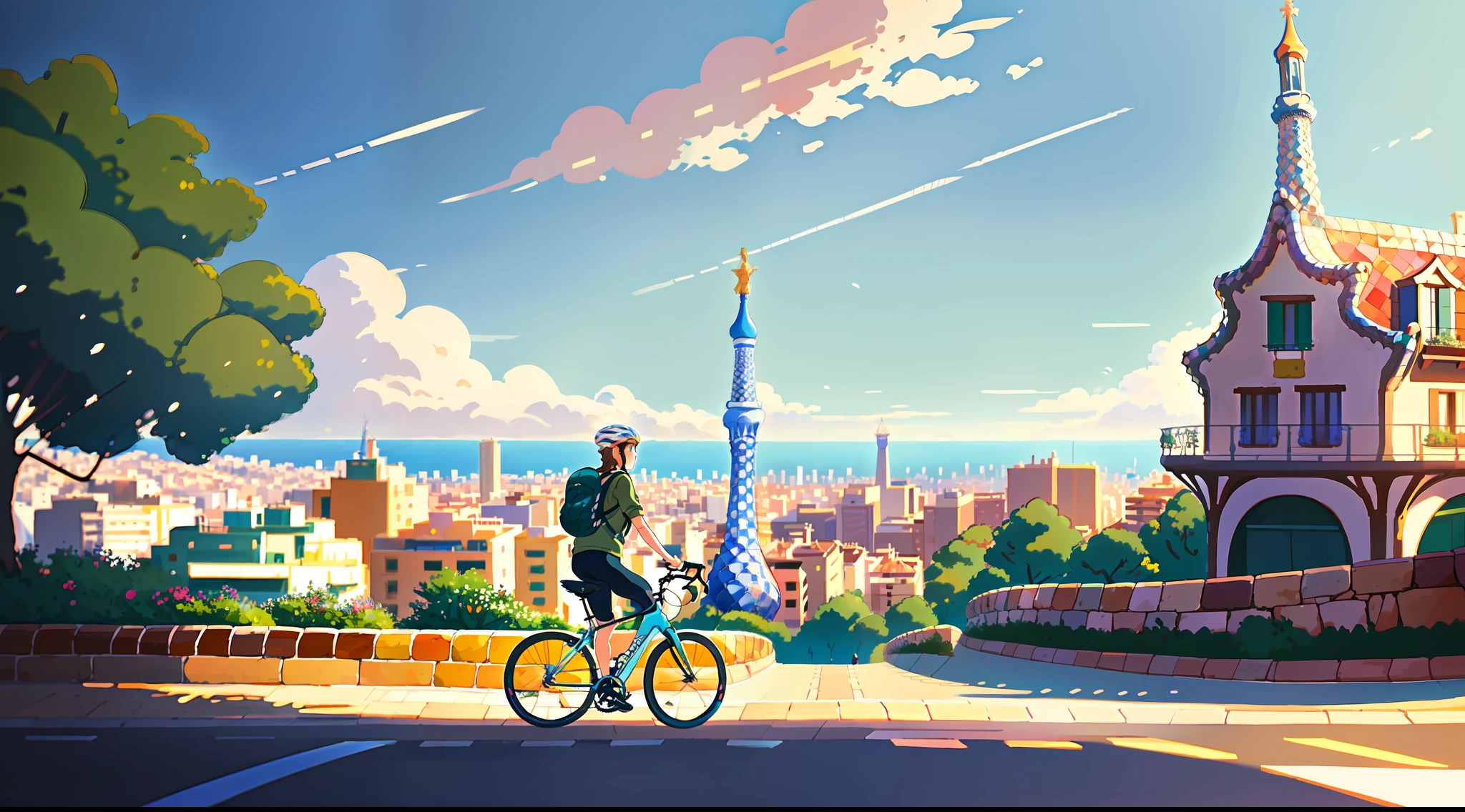 (bike: 1.5), (realistic bike: 1.5), (realistic cyclist: 1.5), back cyclist, barcelona, spain, Park Güell, Antoni Gaudi, sun, shadows, contrast, makoto shinkai, (Best quality:1.3), (Highres:1), Art by Studio Ghibli Style, Impressionism, Vibrant colors