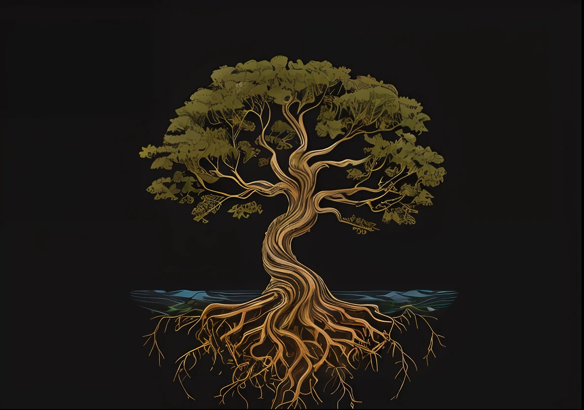 a tree with roots and water in the middle, rooted lineage, tree of life seed of doubt, yggdrasil, ancient tree, tree of life, the tree of life, root system, golden sacred tree, collective civilization tree, tree roots, living tree, roots, highly detailed illustration, cosmic tree of life, covered with roots, tall root tree background --auto