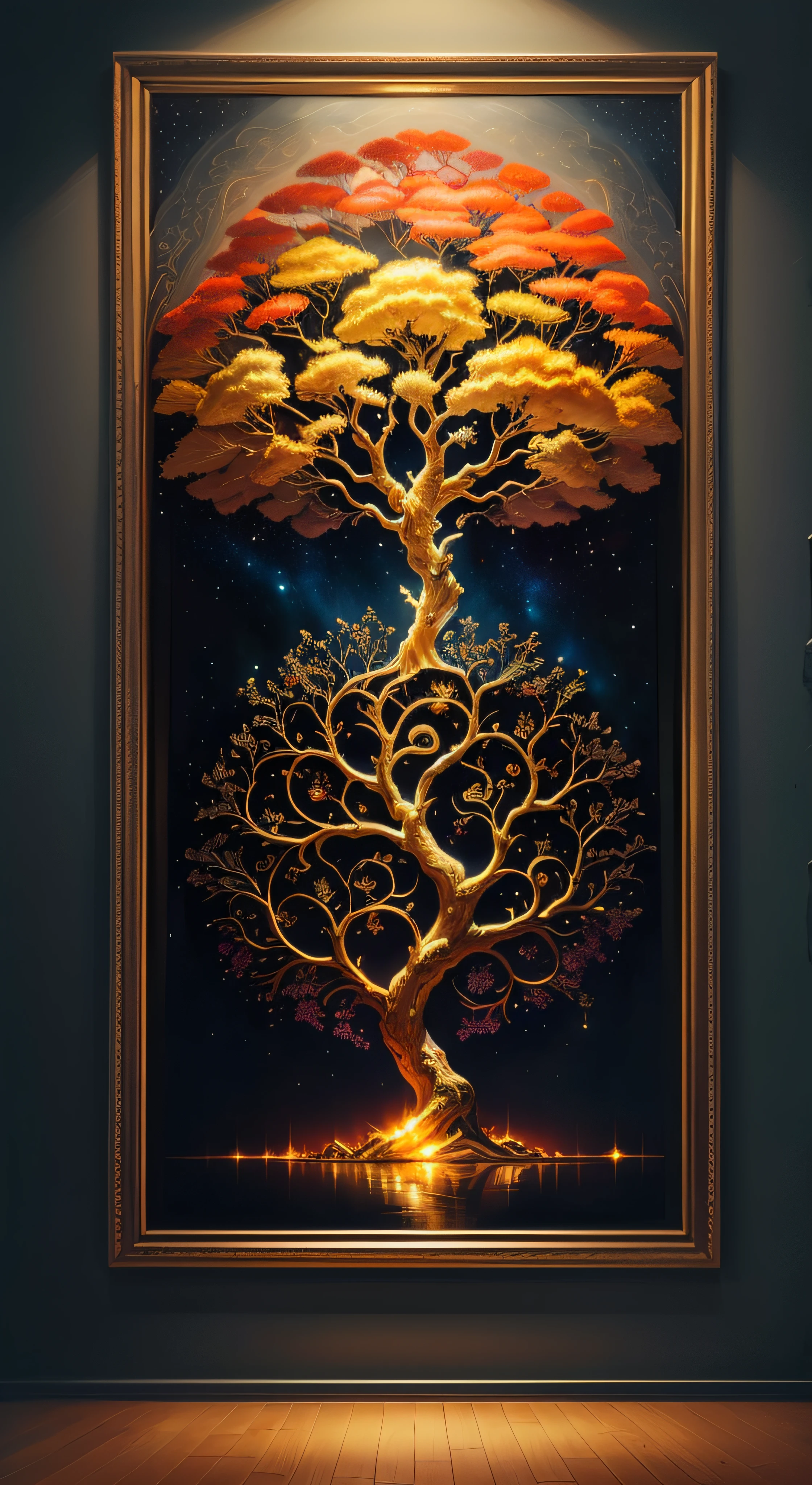 painting of a tree with a golden crown in a room, golden sacred tree, cosmic tree of life, cosmic tree, fantasy tree, beautiful painting from a high, tree of life, the tree of life, beautiful uhd art 4 k, detailed painting 4 k, 4 k highly detailed art, magic tree, magic tree, impressive artwork, breathtaking masterpiece of art, without mold
