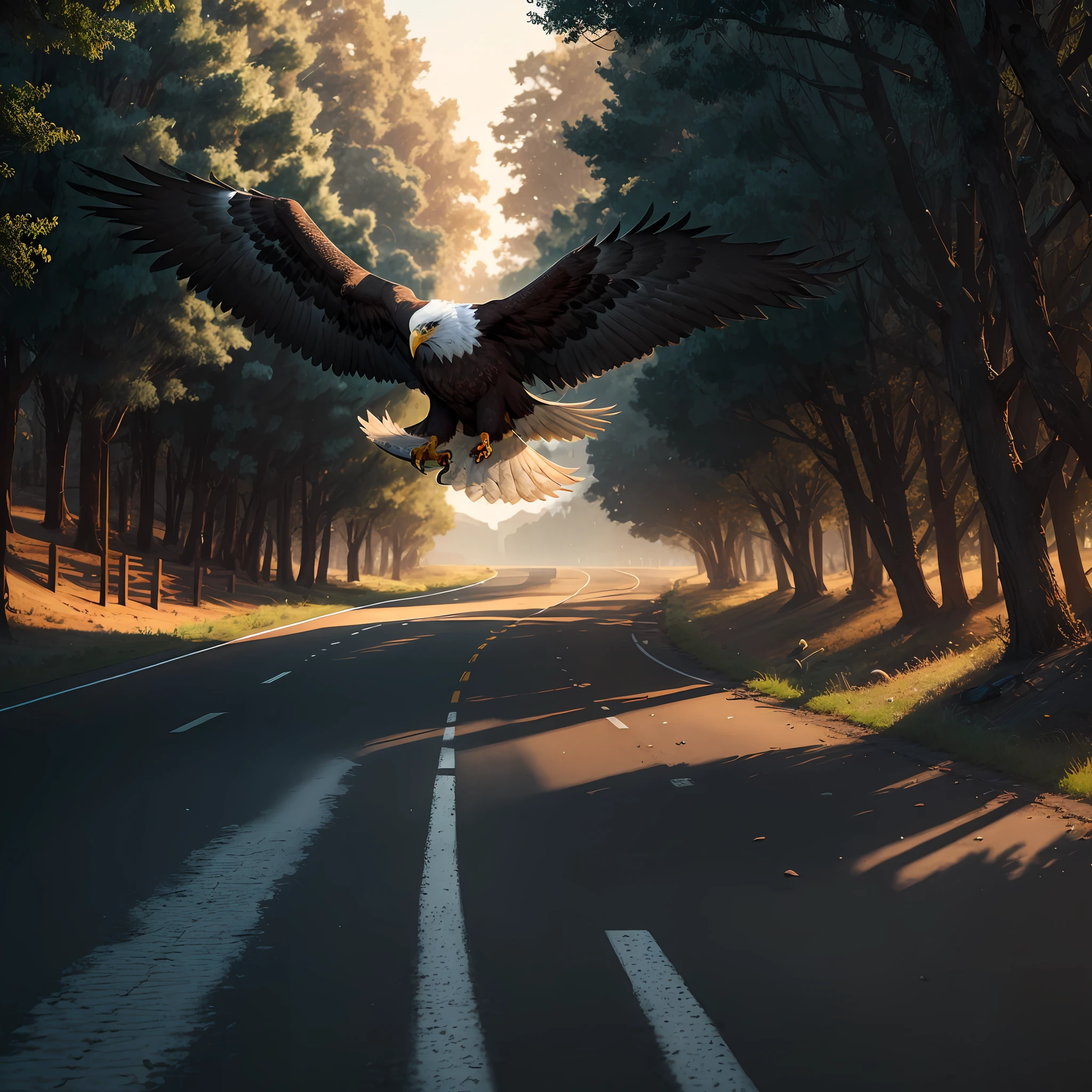 An eagle with the road with green value trees with the eagle in the middle of the road with a  look, realistic 3d image --auto