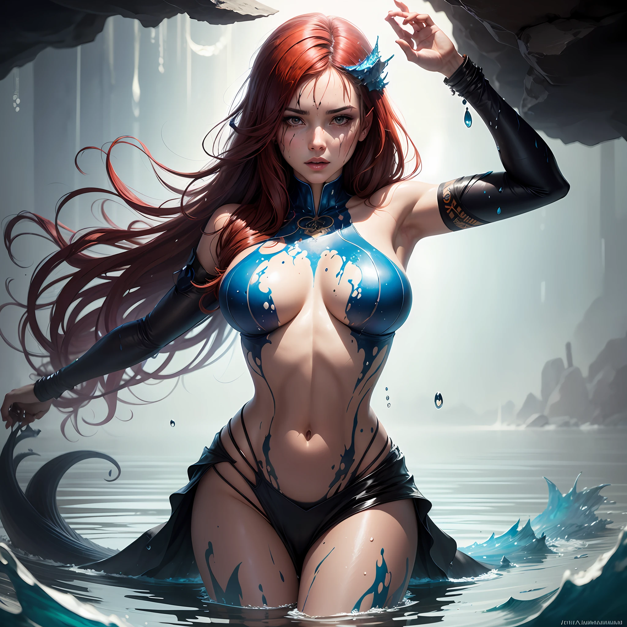 a half-body portrait of a lamia woman, made of water, half body submerged in water, in a lake in a cave, reddish hair, wet, drops of water on the face and body, tribal tattoos, natural body posture, rain, Art by Alberto Seveso, by Carne Griffiths, by Wadim Kashin, by jean baptiste monk, symmetrical, abstract art style,  complex and intricate watercolor painting, sharp eyes, digital painting, explosion of colors, concept art, volumetric lighting, TanvirTamim, metallic reflections, 2d rendering, 8k. by artgerm, trend in artstation --auto