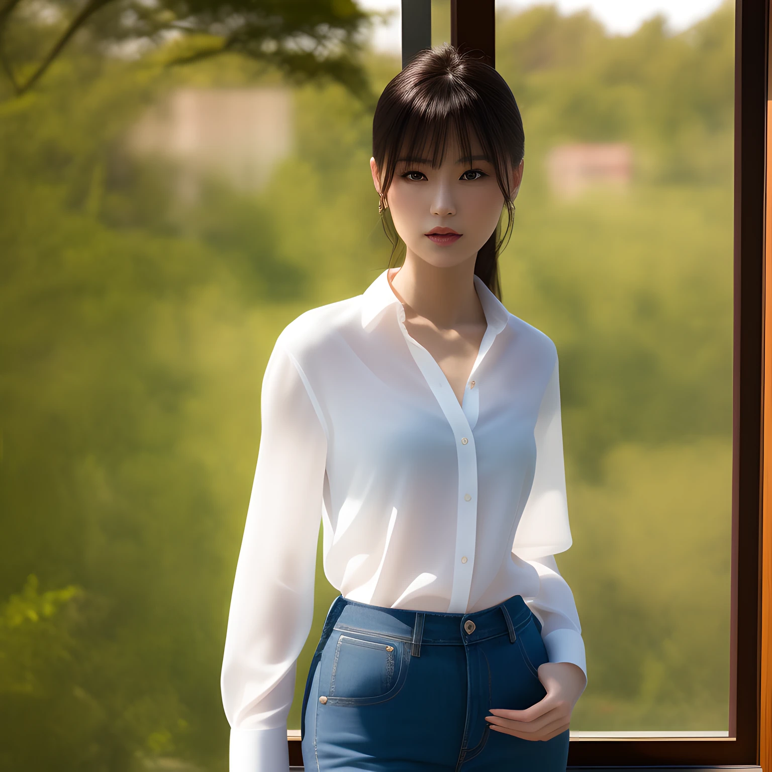 There is a park outside the window, an indoor photo with fresh green trees rendered in detail, standing young woman in a Japan in a white thin cotton shirt and light-colored denim pants, Lofi and intelligent, with natural lips without lipstick, no makeup, she is staring at us, her eyes are brown and detailed rendering, the sunlight is slightly reflected in her left eye, is a boyish and neutral beauty, small, very small, beige bra is see-through, the afternoon sun is shining on her skin and clothes, there is a beautiful neck and beautiful collarbone, there are supple shoulders and arms and hips, there is her back reflecting in the glass window, best quality, real, photorealistic, best quality, masterpiece, very delicate and beautiful, very detailed, Fine Detail, Ultra Detail, High Resolution, Very Detailed, Realistic, Ultra High Definition, Top Quality, Ultra High Definition, High Quality Textures