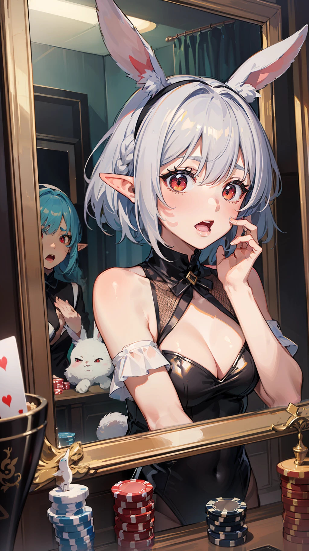 ((Put your hands on your face)), ((Surprised face)), (Red face), 1 girl's full body, Elf, Silver hair, Red eyes, Braided hair, Bob cut, Bunny girl, Leotard, Fishnets, Rabbit ears, Hair band, Casino, Mirror, TS, Concept art, Beautiful anime scene, Beautiful anime scene, Best quality, Masterpiece, 4K