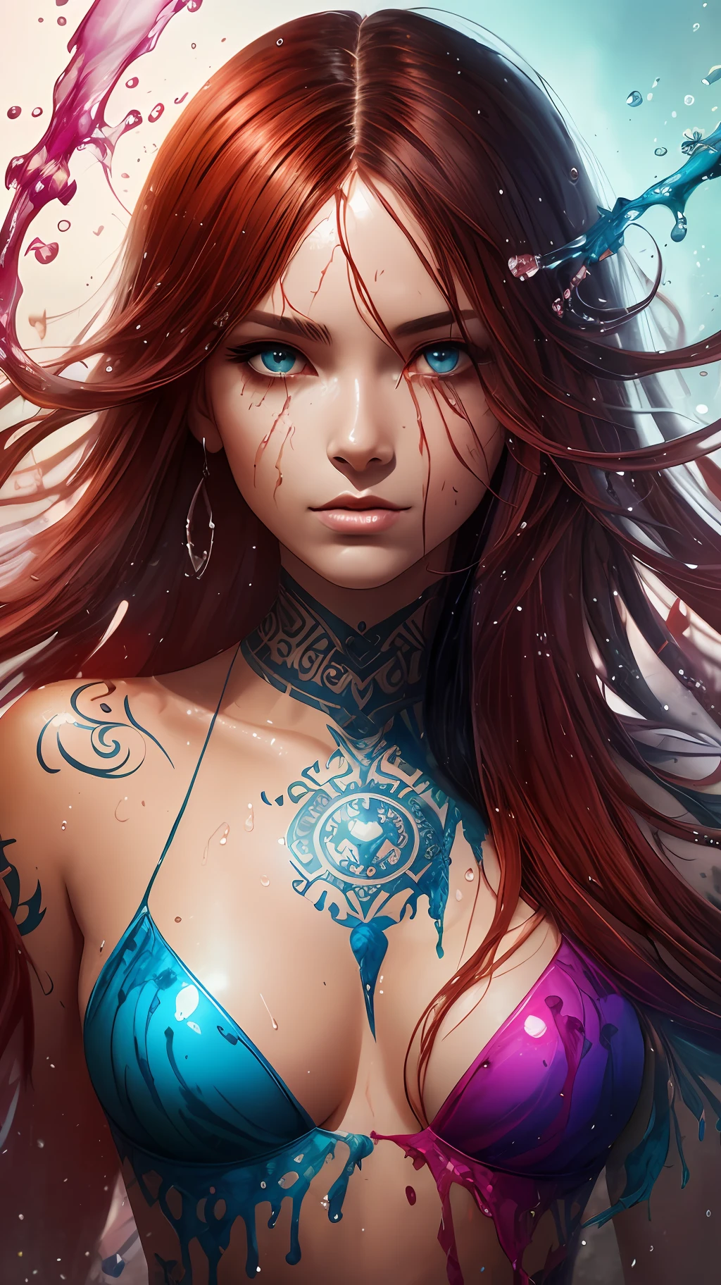 a half-body portrait of a lamia woman, half body submerged in water, in a lake in a cave, reddish hair, wet, drops of water on the face and body, tribal tattoos, natural body posture, rain, Art by Alberto Seveso, by Carne Griffiths, by Wadim Kashin, by jean baptiste monk, symmetrical, abstract art style, complex and intricate watercolor painting, sharp eyes, digital painting, explosion of colors, concept art, volumetric lighting, TanvirTamim, metallic reflections, 2d rendering, 8k. by artgerm, trend in artstation --auto
