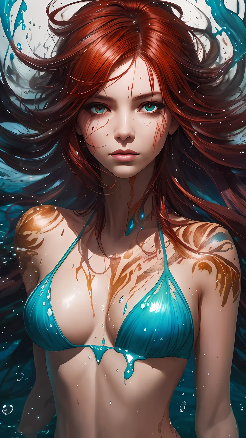 a half-body portrait of a lamia woman, half body submerged in water, in a lake in a cave, reddish hair, wet, drops of water on the face and body, tribal tattoos, natural body posture, rain, Art by Alberto Seveso, by Carne Griffiths, by Wadim Kashin, by jean baptiste monk, symmetrical, abstract art style, complex and intricate watercolor painting,  sharp eyes, digital painting, explosion of colors, concept art, volumetric lighting, TanvirTamim, metallic reflections, 2d rendering, 8k. by artgerm, trend in artstation --auto