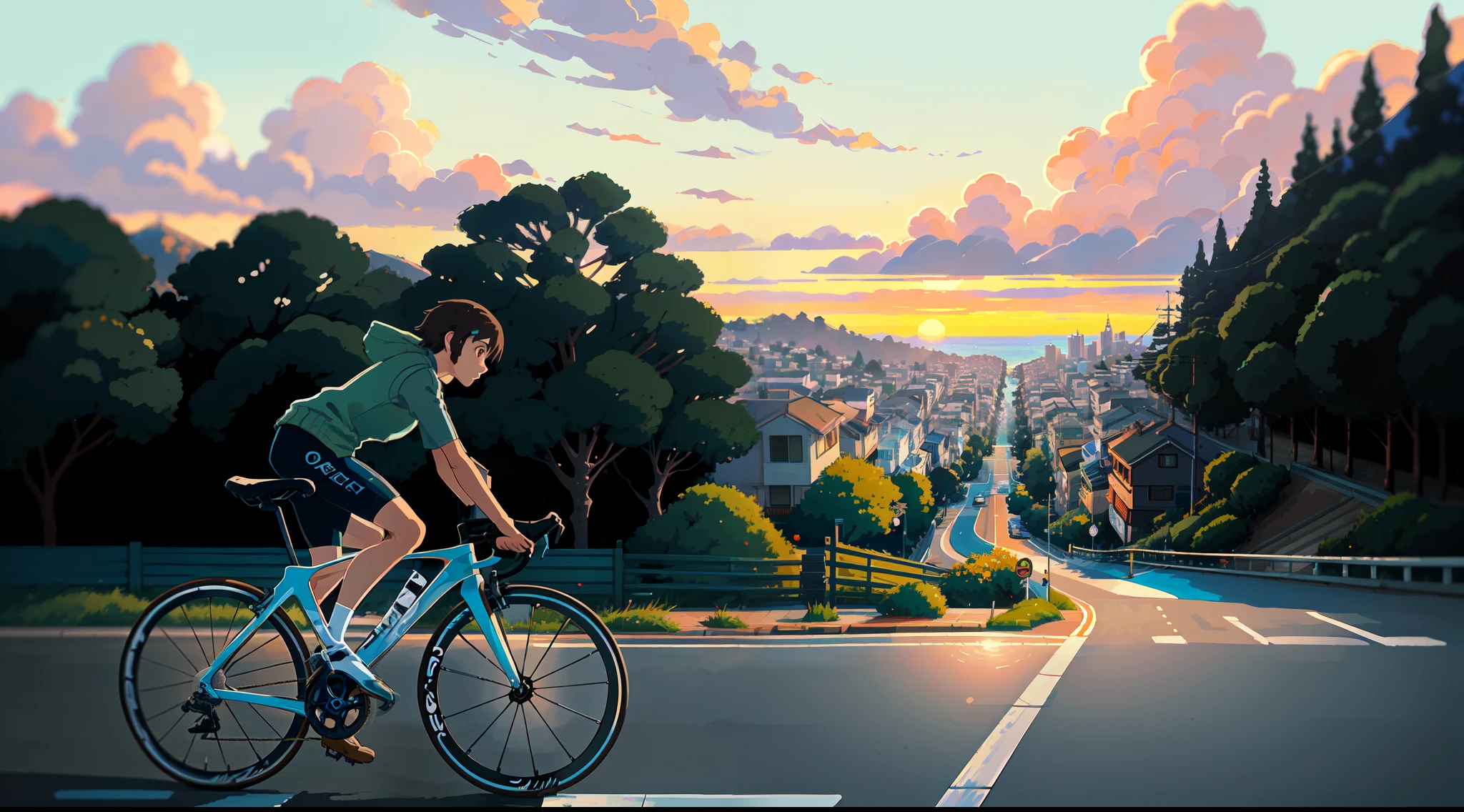 (bike: 1.5), (realistic bike: 1.5), (realistic cyclist: 1.5), back cyclist, close-up shot, california, san francisco, sunset, shadows, contrast, makoto shinkai, (best quality:1.3), (Highres:1), Art by Studio Ghibli Style, Impressionism, Vibrant colors