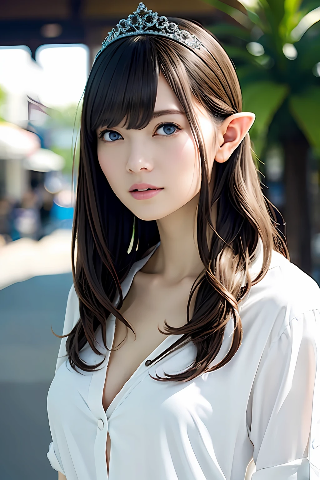 Ultra-detailed complex 3D rendering of the face, (Colossal: 8.8), (Masterpiece, Top Quality, Octane Rendering, 8K), Glamour shot full body image, very beautiful young elf, cleavage, (Very detailed skin: 1.2), (Exposure: 1.1), (Blonde Elf))), ((Wearing a plummeted open shirt of white silk: 1.5)), , Beautiful Caucasian woman with big buttocks full soft breasts and white skin, one, long braided hair, big breasts, dynamic angle, mystical expression, ultra-realistic photos, (((((portrait)))), bare feet, futuristic urban background, facial muscles, detailed and beautiful queen tiara, in the style of Marvel Comics, ArtStation trends, clear focus, studio photography, Intricate detail, highly detailed, detailed yellow eyes, sharp focus, digital rendering, professional, abs, shot with Canon EOS R 6, (Sexy Pose))), Natural Jungle,