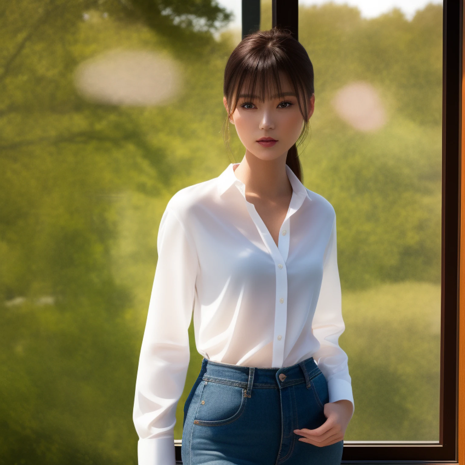 There is a park outside the window, an indoor photo with fresh green trees rendered in detail, standing young woman in a Japan in a white thin cotton shirt and light-colored denim pants, Lofi and intelligent, with natural lips without lipstick, no makeup, she is staring at us, her eyes are brown and detailed rendering, the sunlight is slightly reflected in her left eye, is a boyish and neutral beauty, small, very small, beige bra is see-through, the afternoon sun is shining on her skin and clothes, there is a beautiful neck and beautiful collarbone, there are supple shoulders and arms and hips, there is her back reflecting in the glass window, best quality, real, photorealistic, best quality, masterpiece, very delicate and beautiful, very detailed, Fine Detail, Ultra Detail, High Resolution, Very Detailed, Realistic, Ultra High Definition, Top Quality, Ultra High Definition, High Quality Textures