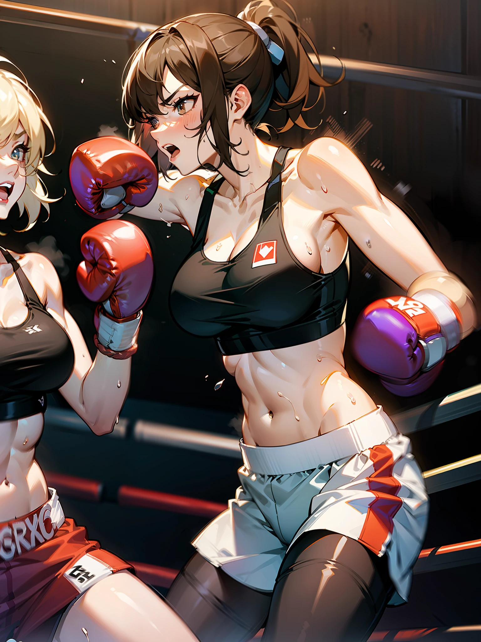 Two female boxers, one female boxer is punching, the other female boxer is being punched, one-sided development, female boxing match, bang, punch hits, ((two women)), sports bra, leggings, boxing gloves, fist strike, rope, cornered, boxing ring rope, sweat all over body, visible damage