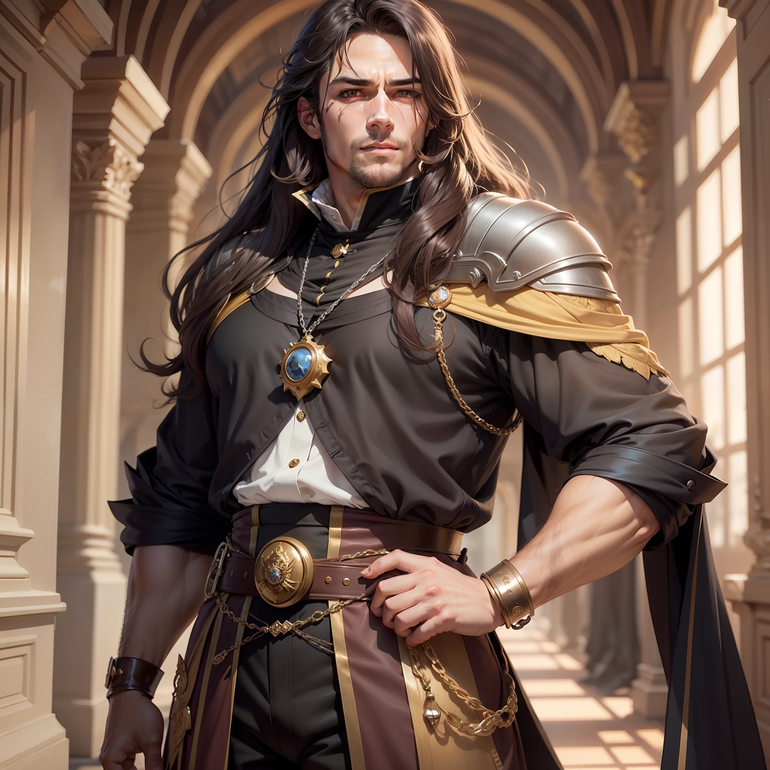 Realistic image of a handsome, strong man, long brown hair, brown eyes, dressed in black alchemist-style costumes with a black blouse underneath, confident expression, face marked by minor injuries, wide corridor of a royal palace, anime-style art