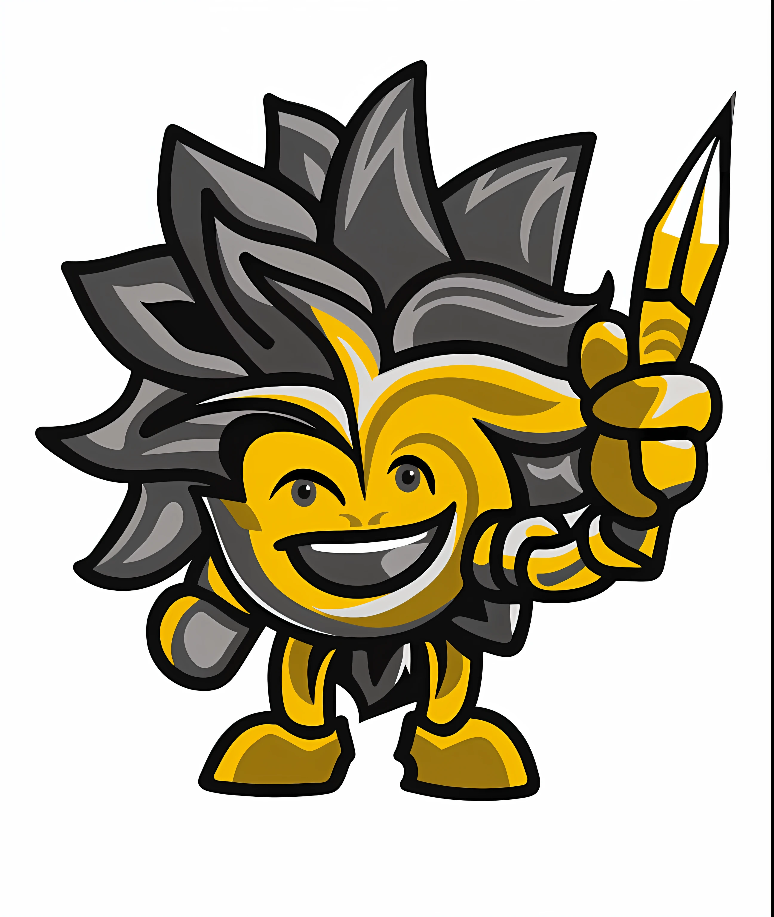 cartoon image of a yellow and black hedge mascot holding an appament pen, mascot illustration, cheerful character with a big smile, full body mascot, yellow spiky hair, wild spiky black saiyan hair, legendary god holding spear, sports team mascot, high school mascot, happy dynamic character design graphic designer,  round face,