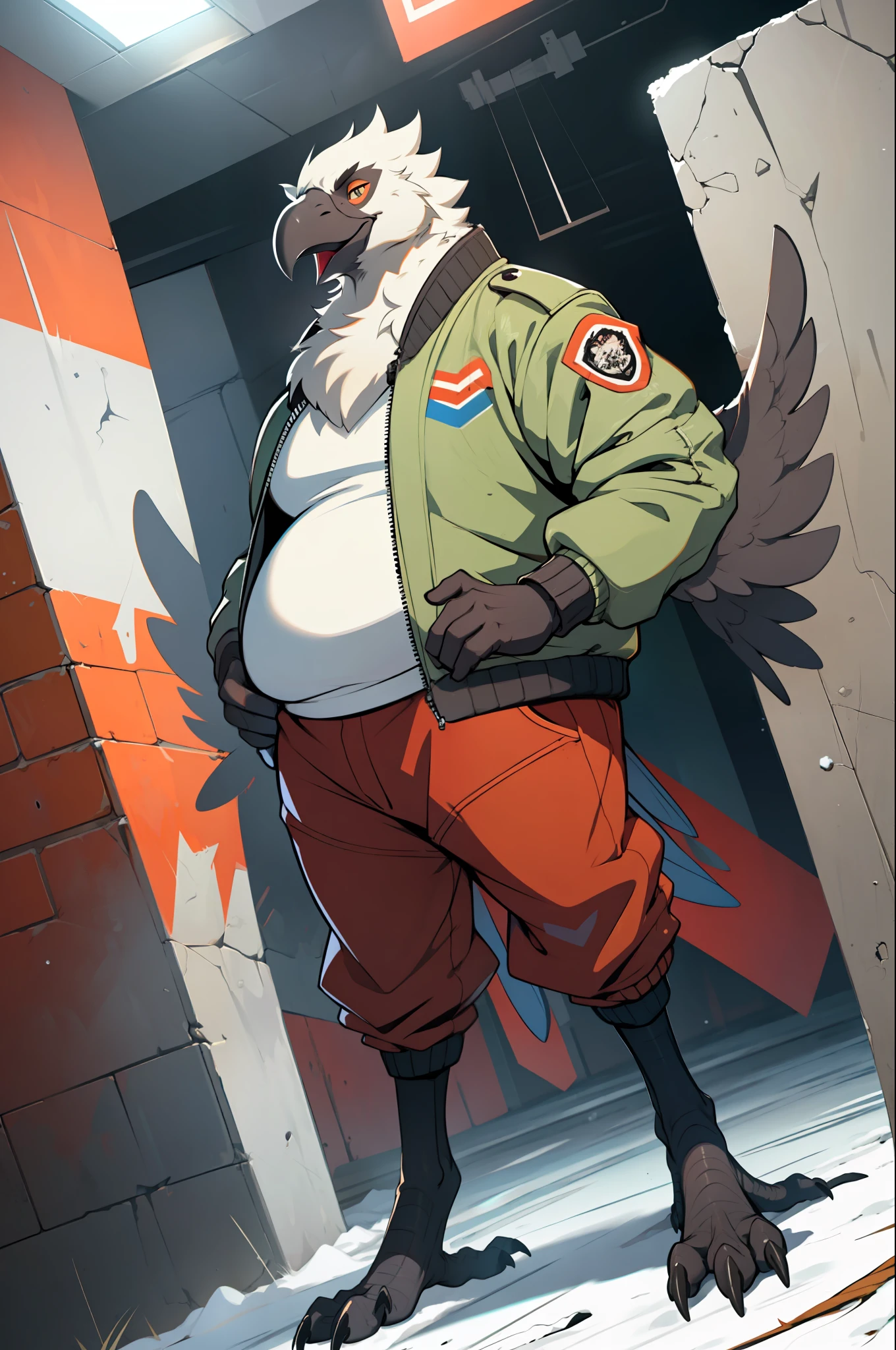 antrumbird, ((wings)), male, full body, portrait, beak, bomber jacket, winter, dutch angle, obese