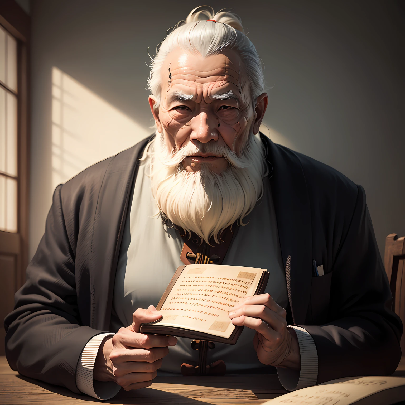 A wise old Chinese man with a white beard and hair, holding an ancient scripture in a black room with scarred face- photorealism --auto