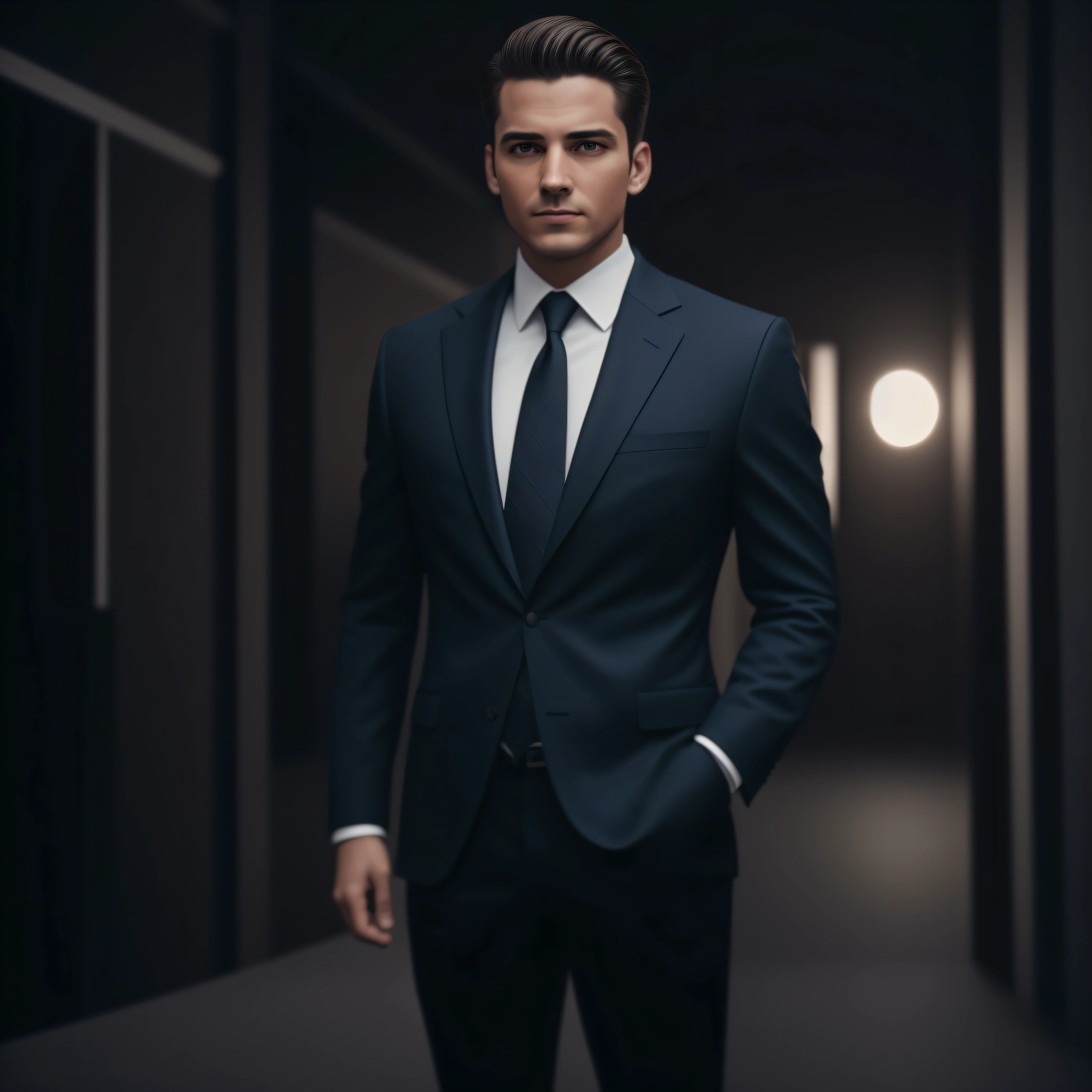 a Man standing with 30 years in suit and tie, body and head straight in the photo, DSRL, facing the viewer of the photo, eyes fixed to the lens, appears shoulders and head in the photo, man centered in the photo, 8k, best quality, masterpiece, realistic, realistic photo, movie photo, ultra realistic, 1 person, detailed, Perfect lighting, DSRL, professional photo, 4k --auto --s2