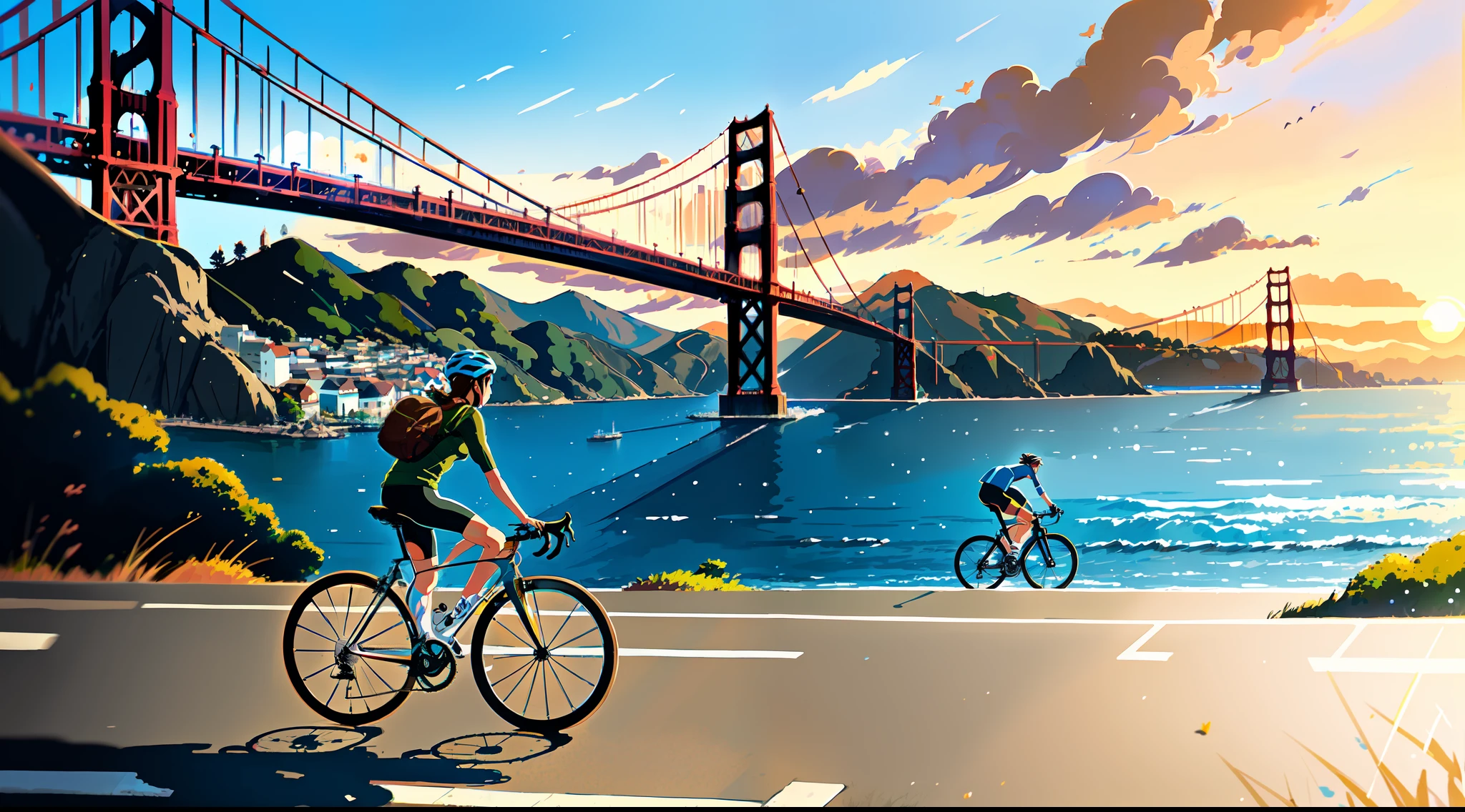 (bike: 1.5), (realistic bike: 1.5), (realistic cyclist: 1.5), back cyclist, close-up shot, california, san francisco, golden gate, sunset, shadows, contrast, makoto shinkai, (best quality:1.3), (Highres:1), Art by Studio Ghibli Style, Impressionism, Vibrant colors