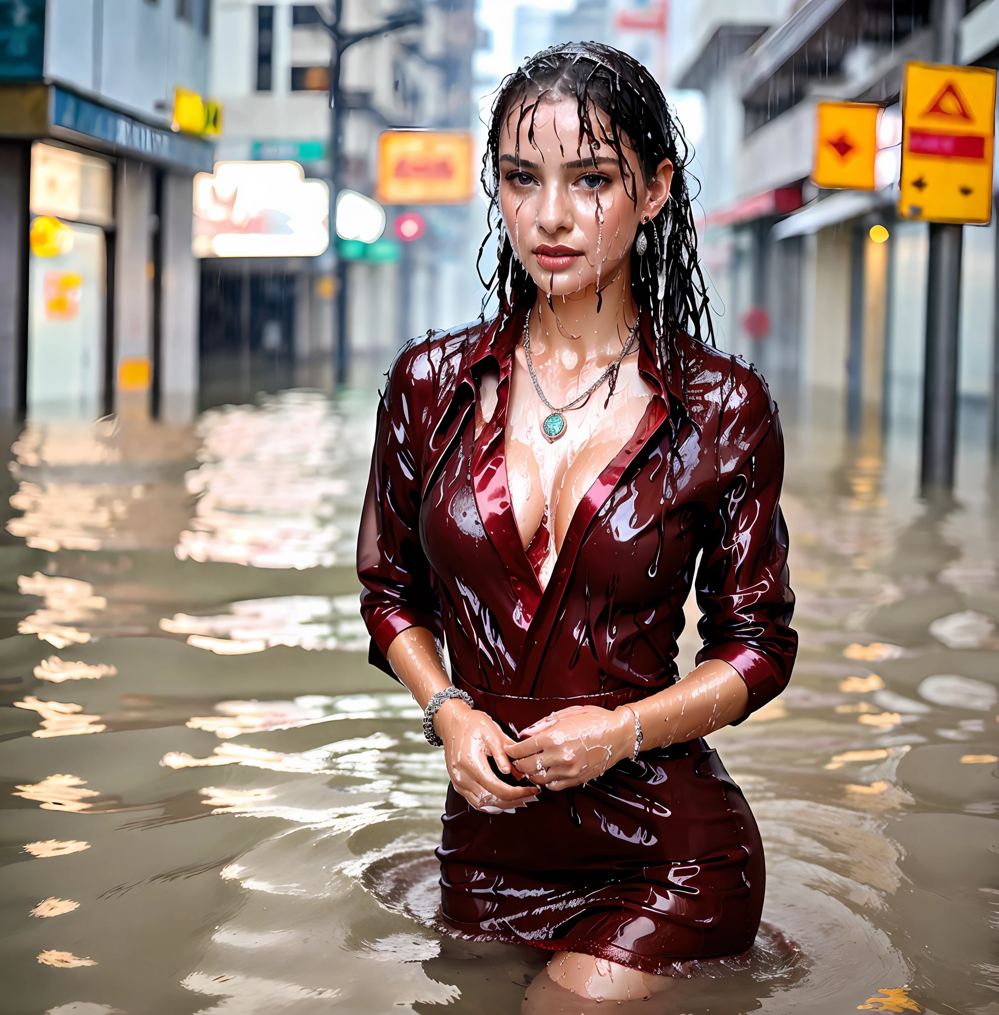 Best quality, Masterpiece, beautiful princess in a flooded city street, wearing a stunning red gown and tiara, wearing silver jewelry with rubies (necklace, tiara, earrings, bracelets), beautiful woman, wet, wet hair, wet dress, (((drenched))) (((soaked)))