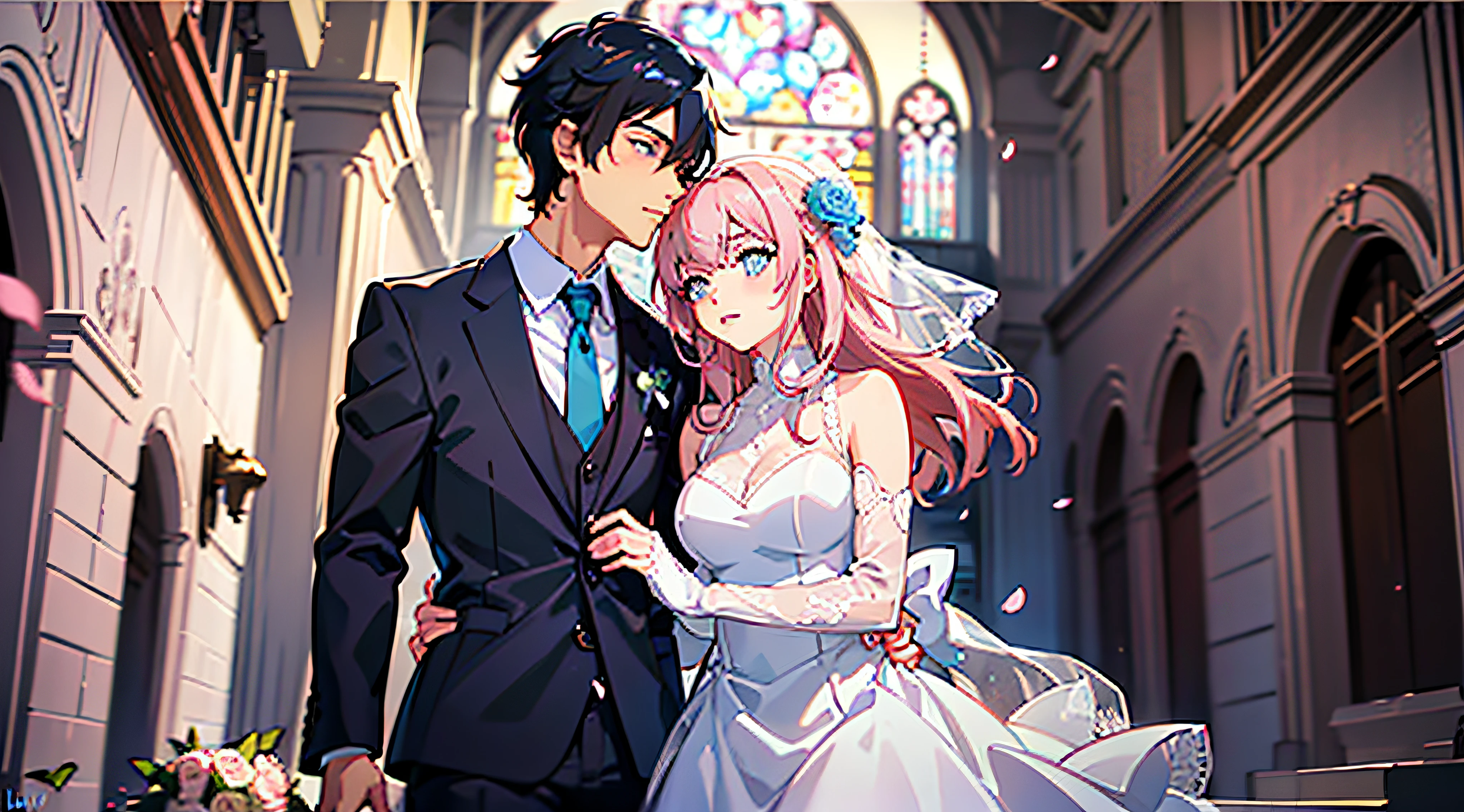 (woman with pink hair, sparkling light blue eyes)+(man with black hair and bright dark blue eyes)+(anime style Ilya Kuvshinov:1.2)+(newlywed couple leaving the church)+(falling pink petals)+(high quality full-body image)
