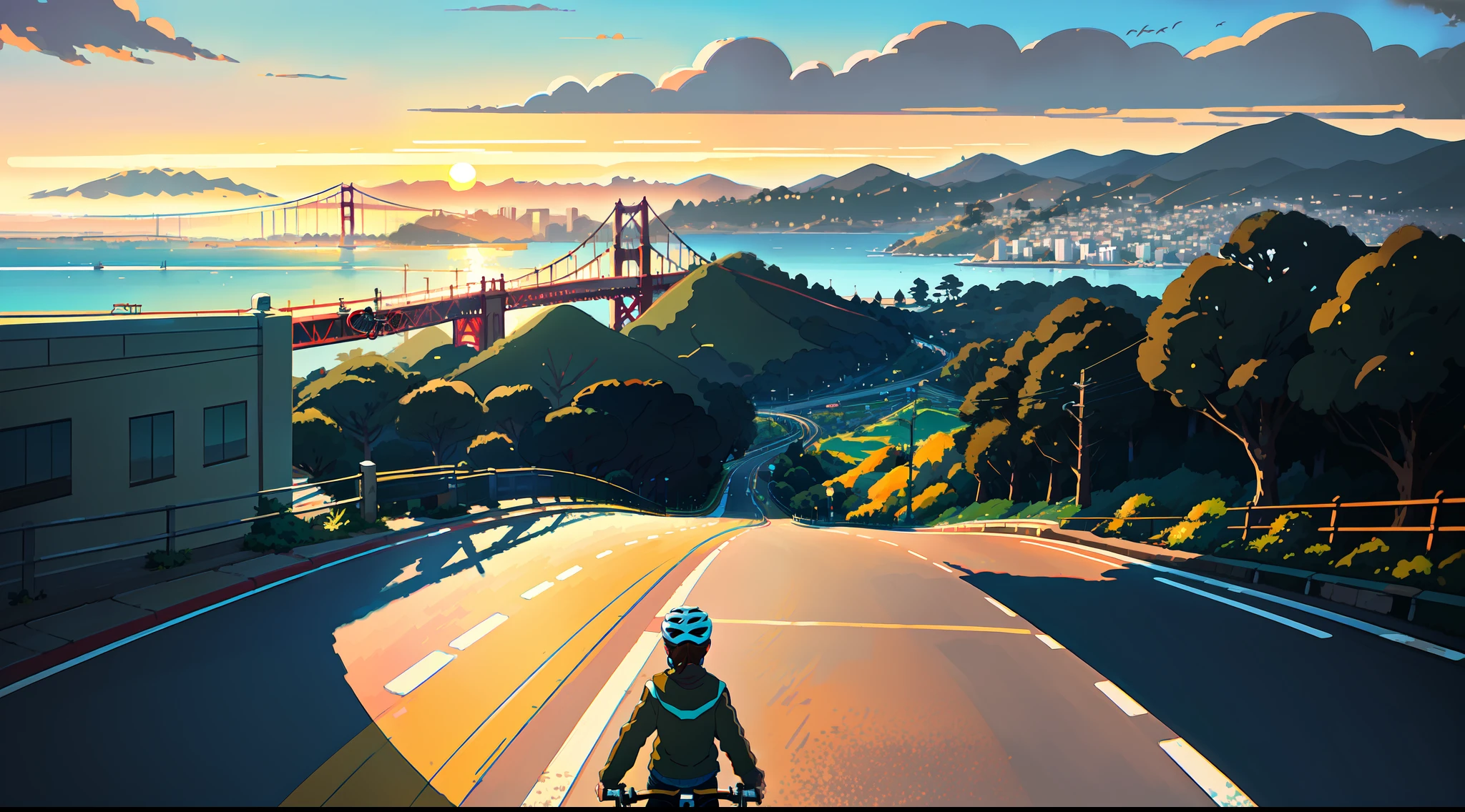 (bike: 1.5), (realistic bike: 1.5), (realistic cyclist: 1.5), back cyclist, close-up shot, california, san francisco, golden gate, sunset, shadows, contrast, makoto shinkai, (best quality:1.3), (Highres:1), Art by Studio Ghibli Style, Impressionism, Vibrant colors