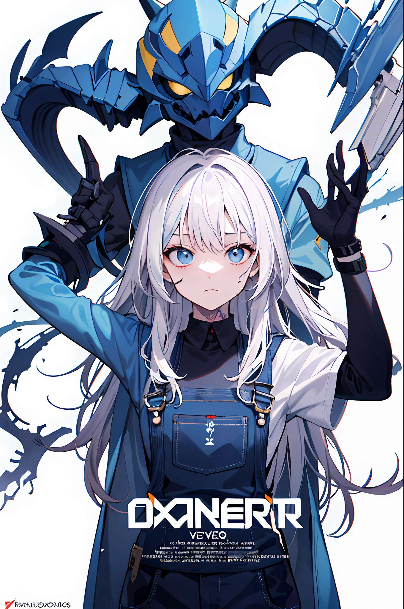 Movie poster,a girl with white hair,red eyes,with tattoos on the arms, dressed in white school overalls,with a serious expression on his face,with the dark life zero logo written on the cover in a flashy and captivating way,the cover should contain many colors that highlight the character in a flashy way