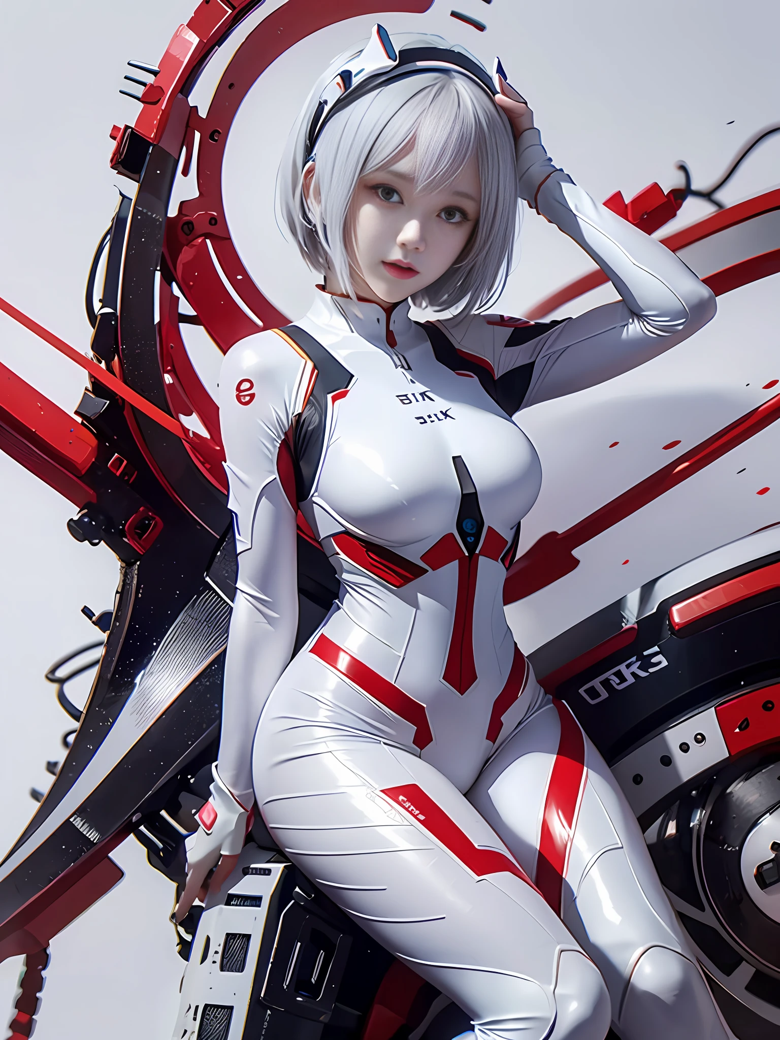 (8k, best quality, masterpiece:1.2),highly detailed,masterpiece,ultra-detailed,solo,1girl,(white background:1.5),(Delicate eyes),plugsuit, 1girl, star_\(sky\), short hair, starry_sky, bodysuit, ayanami_rei, solo, night_sky, red_eyes, red_background, breasts, white_bodysuit, pilot_suit, lance_of_longinus, bangs, light_particles, interface_headset, souryuu_asuka_langley,full body, white hair,