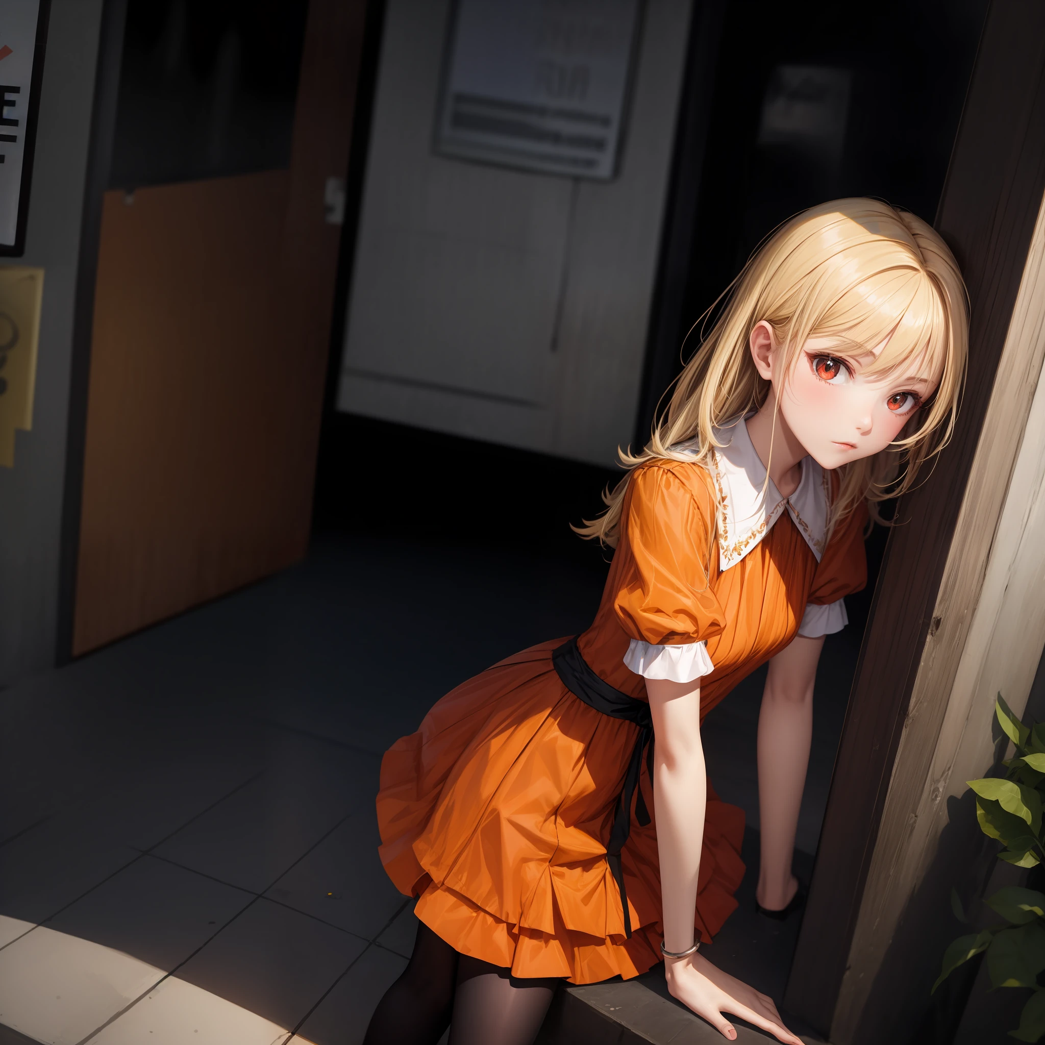 blonde, red eyes, girl, alone, solo, 1girl, orange dress
