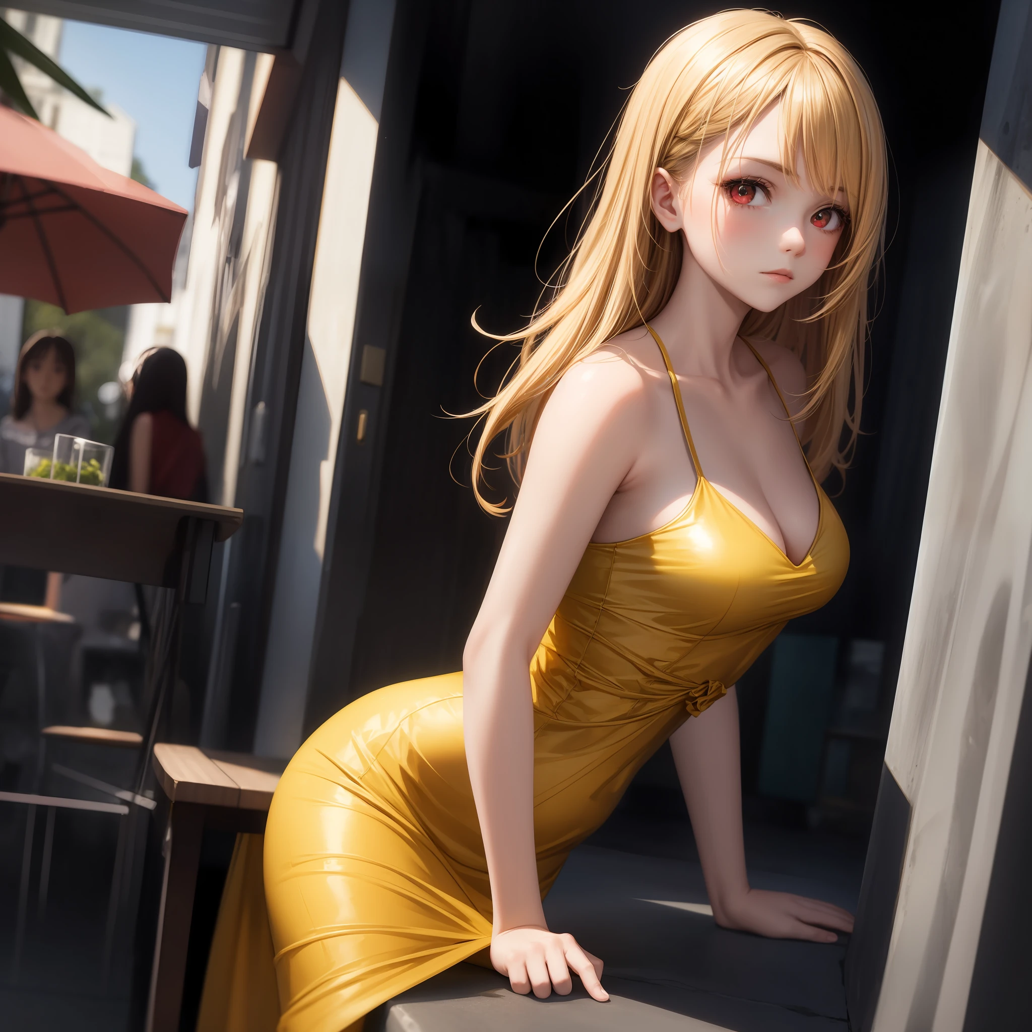 blonde, red eyes, girl, alone, solo, 1girl, yellow dress