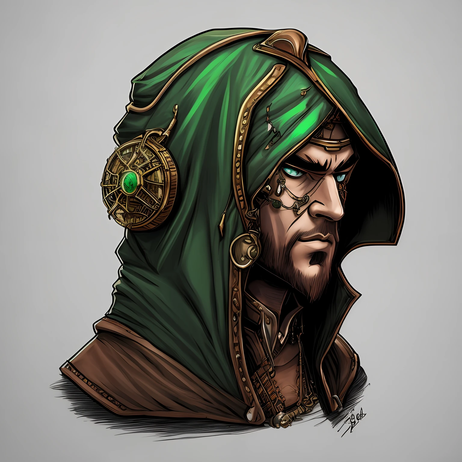 creates the sketch of a character with a cartoon style, and steampunk on a white background.
Physical Characteristics: Tall, with a green hood. --auto