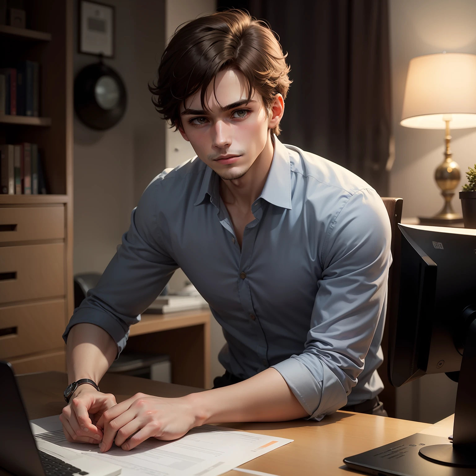 Lucas is an ordinary young man, about 25 years old. His face reflects a simple and ordinary appearance, with no striking features. He has brown hair, short and slightly untidy. His eyes are brown and convey determination and hope.
Position and Facial Expression:
Luke's image will show him sitting in a chair in front of a computer. He'll be leaning forward slightly, his hands on the keyboard. Your facial expression will be concentrated and focused, demonstrating your commitment and dedication as you apply for a job.
Clothing and Appearance:
Lucas will be wearing casual and comfortable clothes, such as a button-down shirt and simple pants. Your appearance will be taken care of, but without extravagant details. He will not wear a suit, but rather a suit suitable for the work environment. The idea is to convey the feeling of a young person in search of a professional opportunity.
Lighting and Background:
The lighting of the image will be soft and natural, highlighting Luke's facial features. The light source will be balanced and uniform, avoiding very striking shadows. The background will be neutral, with a simple wall or office environment, to keep the focus on the character and their job search journey.
This version of the prompt portrays Lucas as an ordinary character, who is bent on finding a job opportunity. By emphasizing its simplicity and dedication, the image conveys a message of hope and perseverance, showing that even ordinary people can achieve their goals through effort and determination.
User
put in the prompt that he is in his room, everything ta dark, but the light of the pc illuminates it
ChatGPT
Character Description:
Lucas is an ordinary young man, about 25 years old. His face reflects a simple and ordinary appearance, with no striking features. He has brown hair, short and slightly untidy. His eyes are brown and convey determination and hope.
Position and Facial Expression:
The magnet --auto