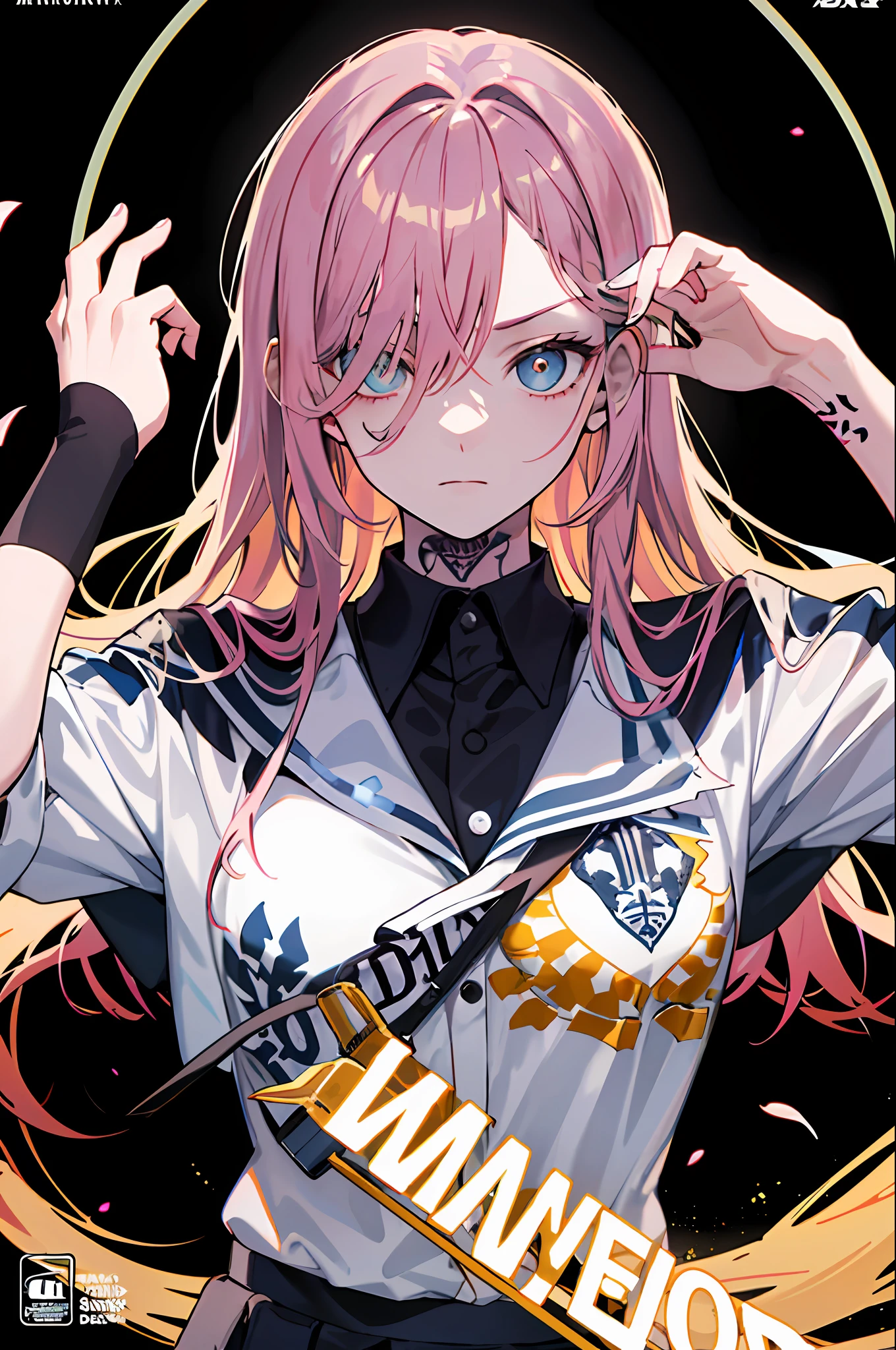 Movie poster,a girl with white hair,red eyes,with tattoos on the arms, dressed in high school uniform,with a serious expression on his face,with the dark life zero logo written on the cover in a flashy and captivating way