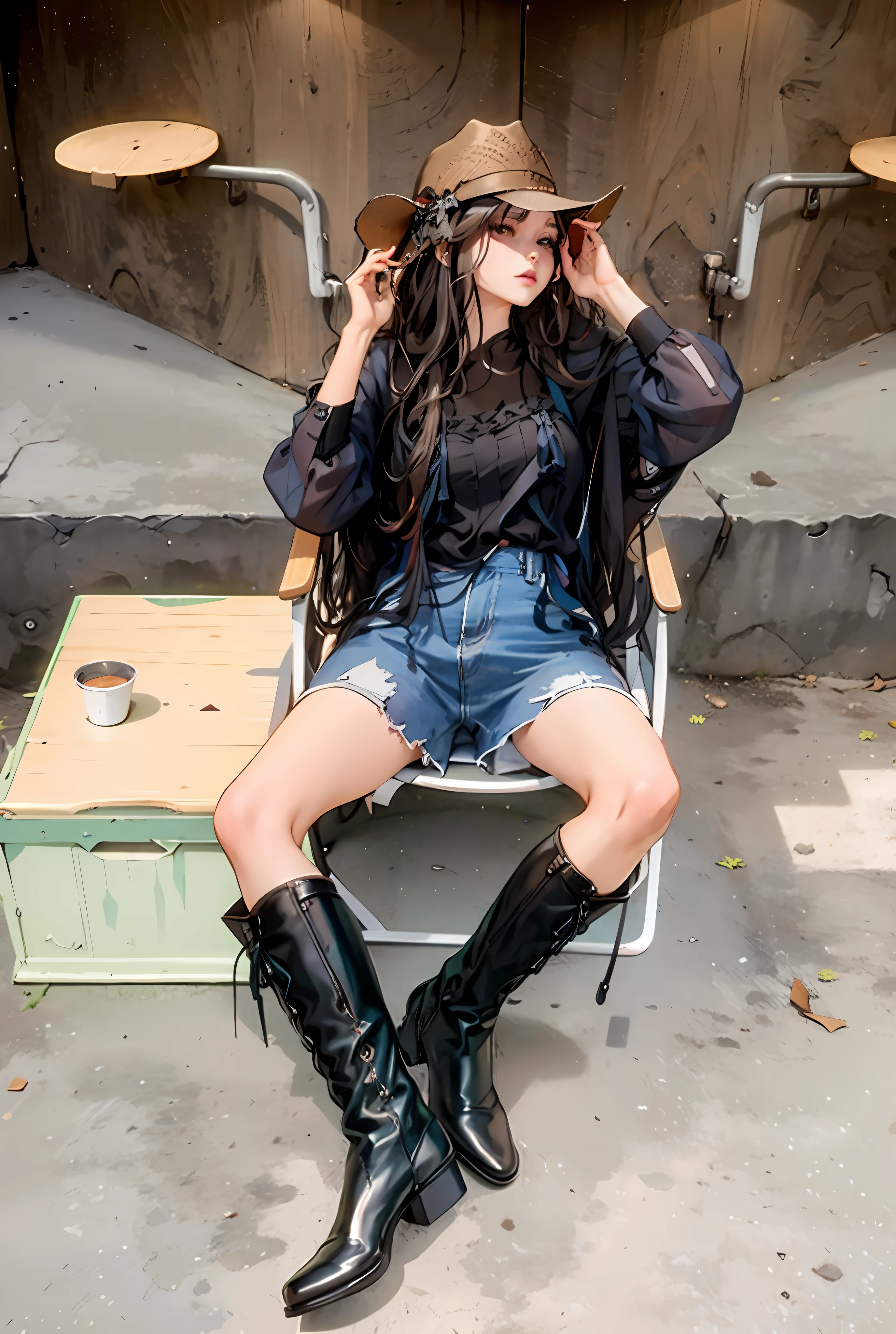 Arapei sits in a chair wearing a hat and boots, wearing a camisole and boots, a white shirt and gothic boots, wearing high-legged combat boots, cyberpunk-style clothing, ulzzang, e-girl, e-girl, wearing modern gothic costumes, full body fairy, high boots, gothic clothing, cyberpunk costumes