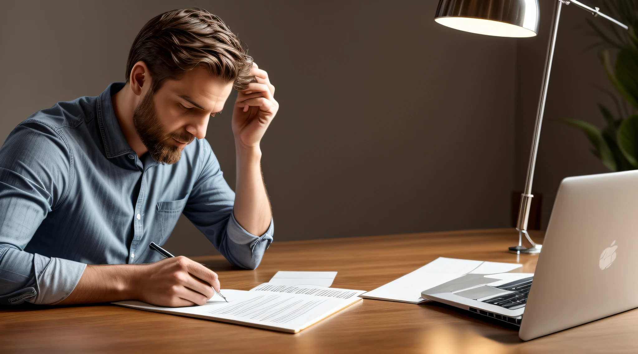 In the image, we can see a man sitting at a table with an open notebook in front of him. He is engaged in the task of writing, with a pen in his right hand and the notebook positioned so that he can record his ideas and thoughts. His face is slightly tilted downward, showing his concentration as he focuses on the writing.

Also, the man seems to be conducting an information search at the same time. There's an open laptop next to the notebook, with the screen illuminated and displaying a web page. His eyes are directed to the computer screen, indicating that he is reading intently and absorbing the content.

The scene is illuminated by a soft light coming from a source not visible in the image, creating a tranquil atmosphere conducive to concentration. There are other elements present on the table, such as a cup of coffee or tea, suggesting that the man has been immersed in his work for some time and needs a drink to stay alert.

Overall, the image depicts a man engaged in a process of writing and research. His posture and facial expression indicate dedication and focus, as he strives to capture your ideas on paper and gain information relevant to your activity.